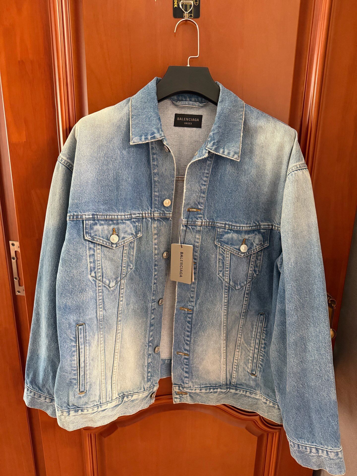 Balenciaga Light Blue Denim Jacket Pink BB Logo — front