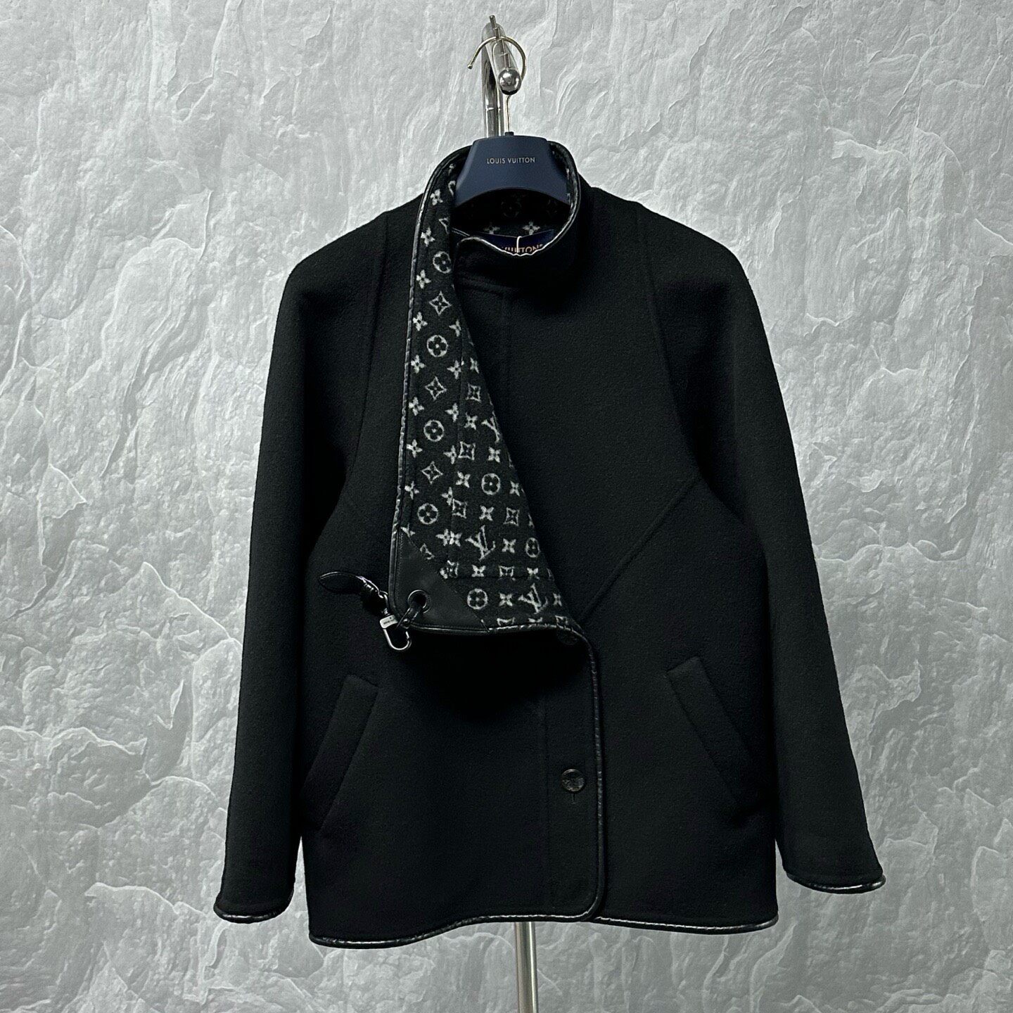 Louis Vuitton FW25 Asymmetric Monogram Coat — detail
