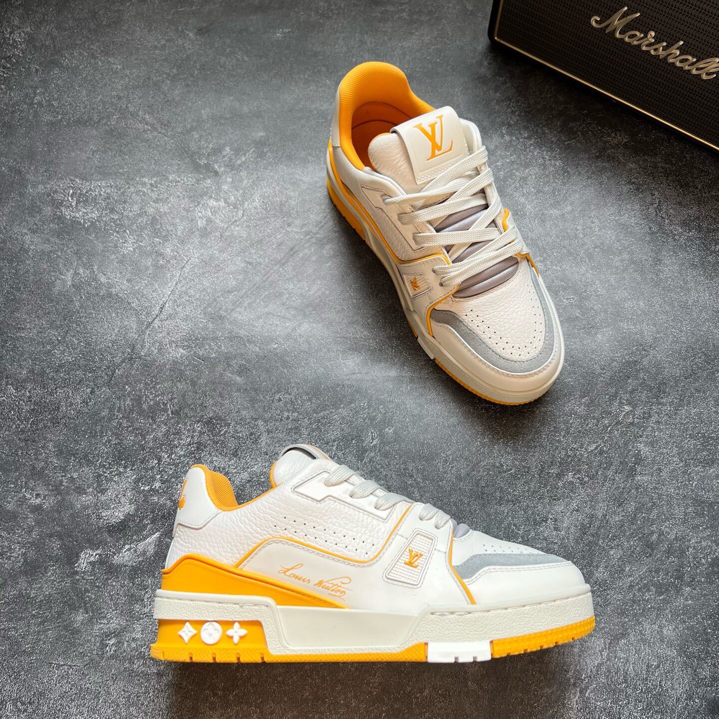 Louis Vuitton White Yellow Trainer Sneakers — label