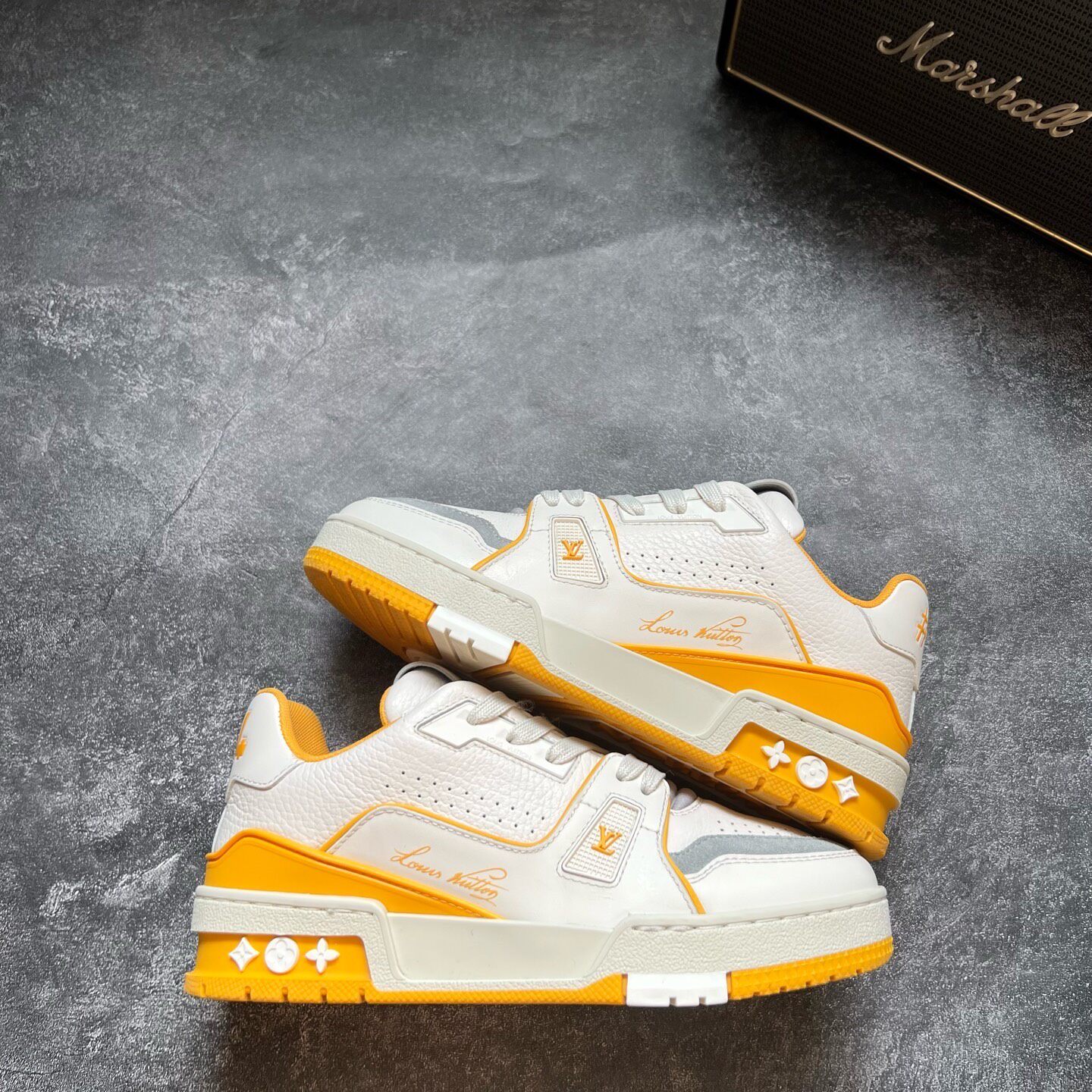Louis Vuitton White Yellow Trainer Sneakers — front