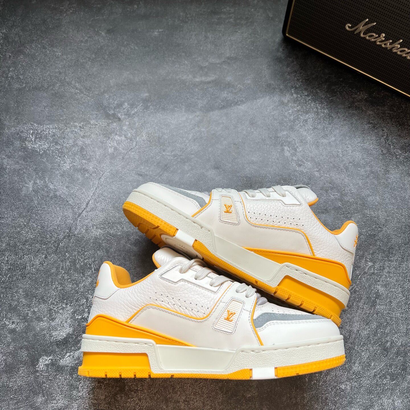 Louis Vuitton White Yellow Trainer Sneakers — detail