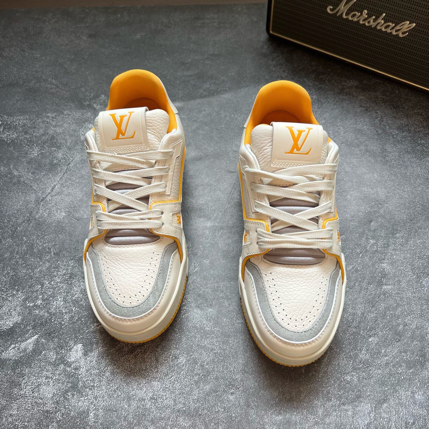 Louis Vuitton White Yellow Trainer Sneakers — back