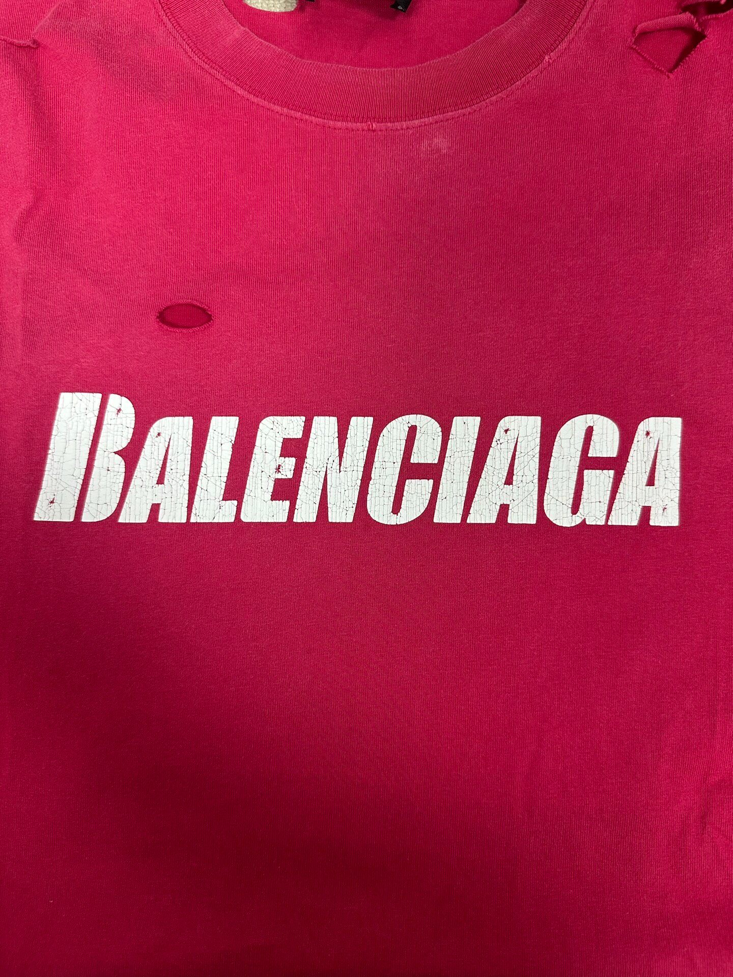Balenciaga Men's Red Distressed T-Shirt — detail