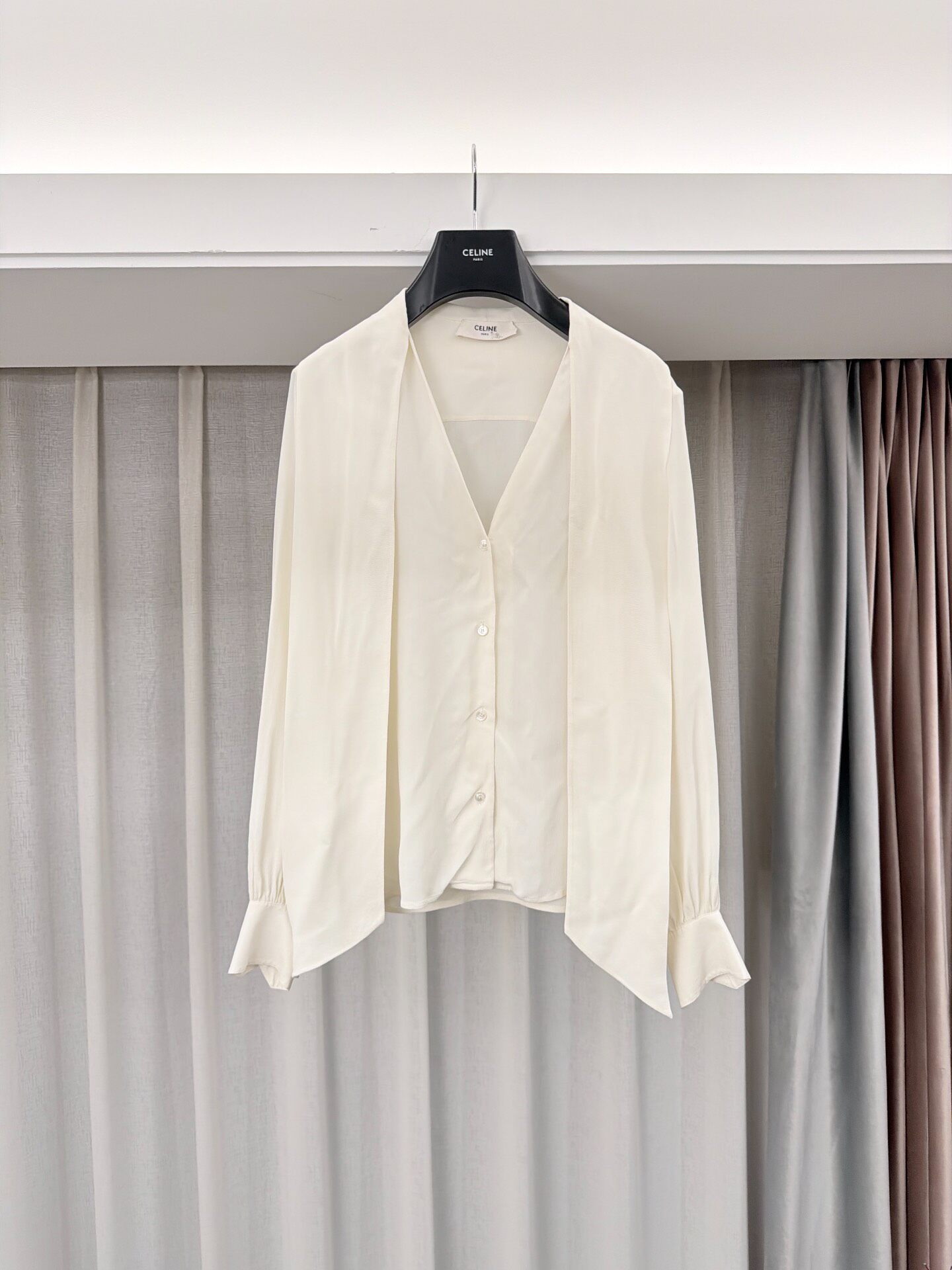 Celine Silk Blend Bow Neck Long-Sleeve Shirt — front