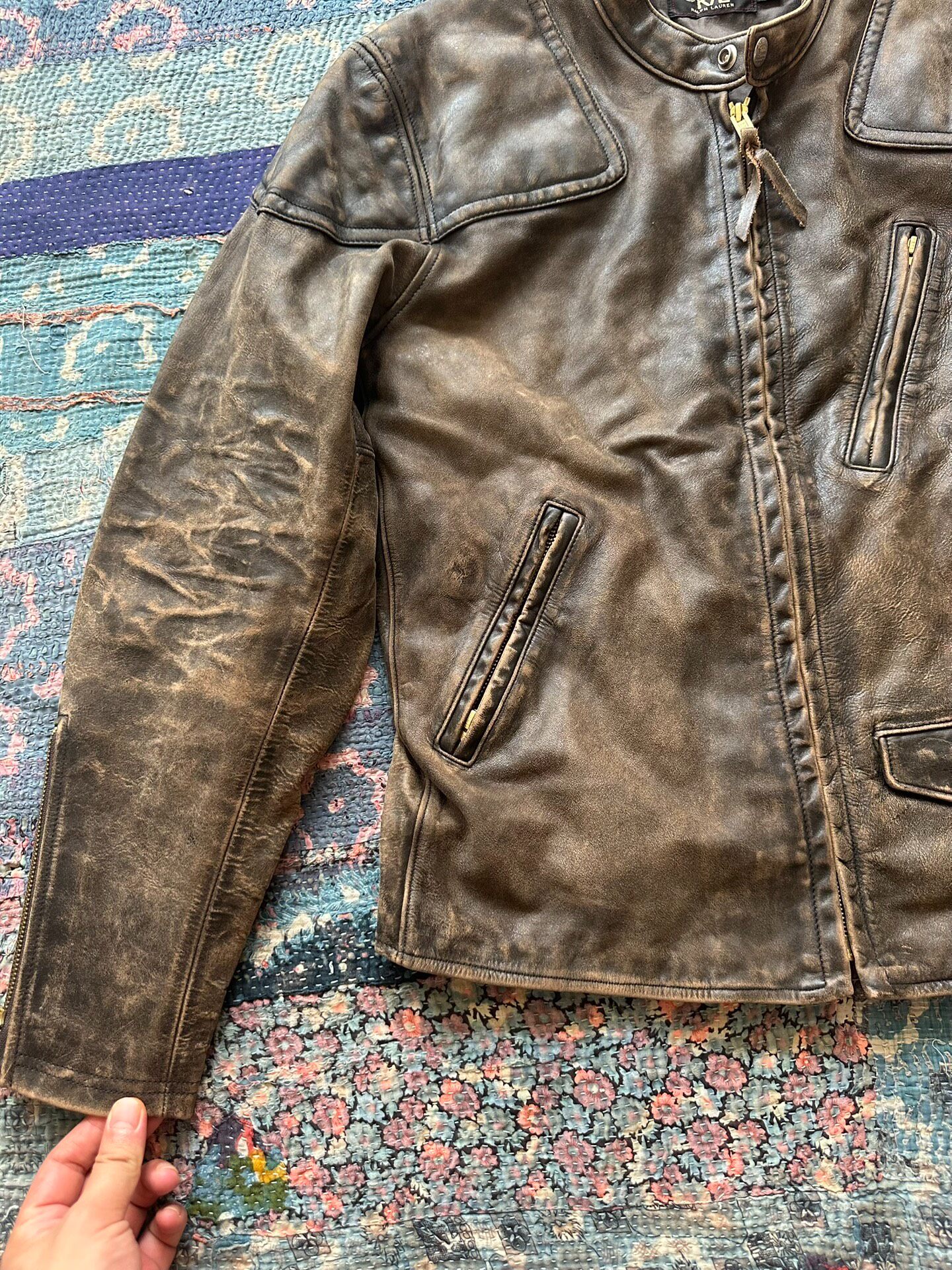 Distressed Brown RRL Leather Jacket Size M — detail