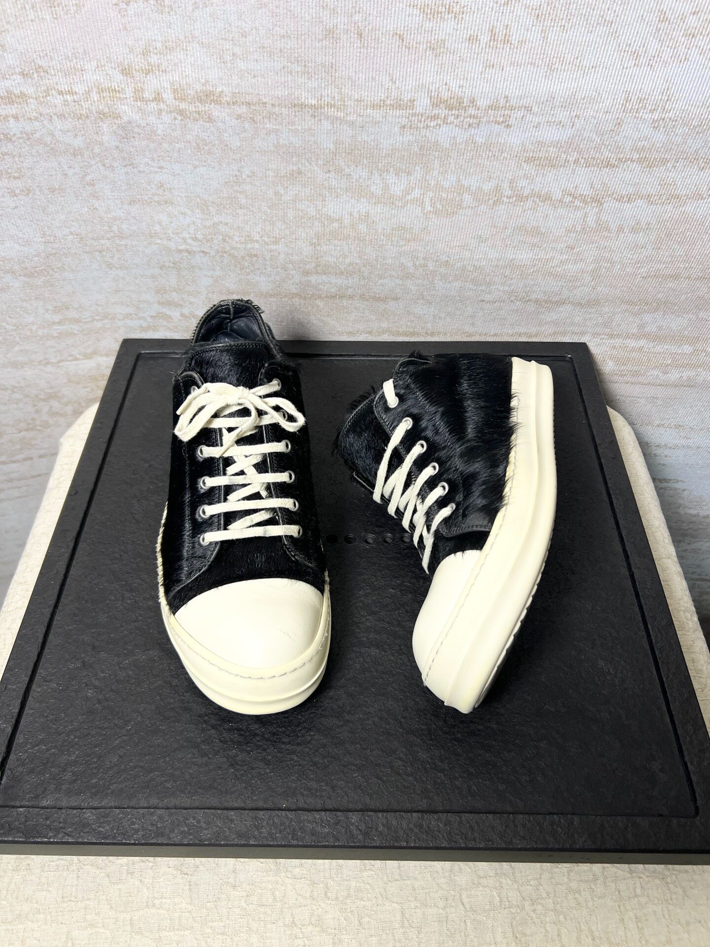 Rick Owens Black Horsehair Low-Top Sneakers — front