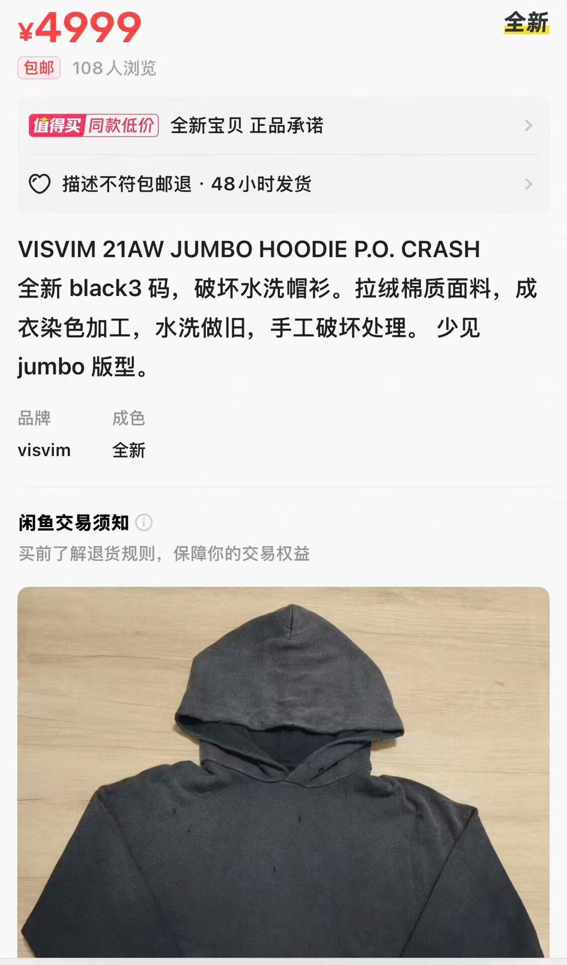 VISVIM 21AW Jumbo CRASH Hoodie — back
