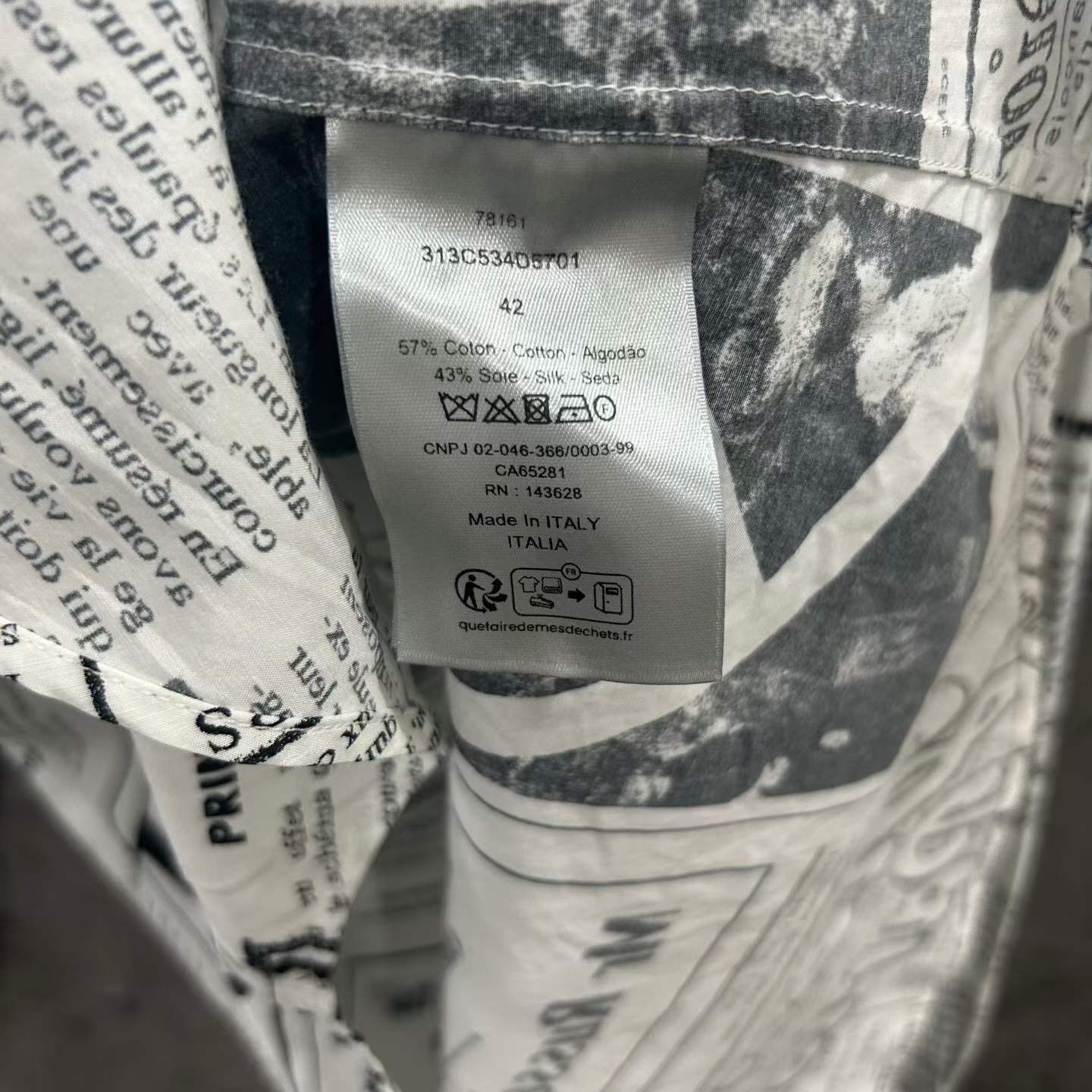 Dior Anti-War Newspaper Print Long Sleeve Shirt — label