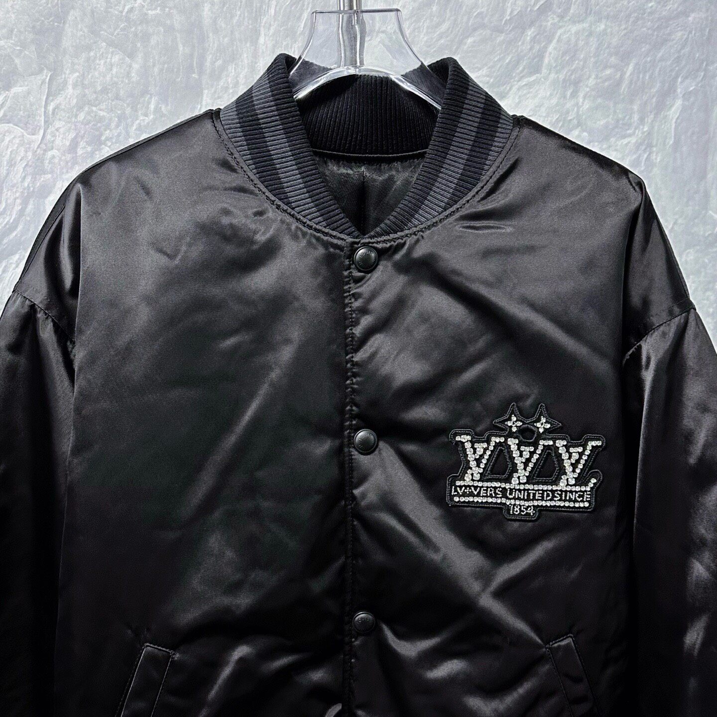 Louis Vuitton SS25 Rhinestone Logo Bomber Jacket — detail
