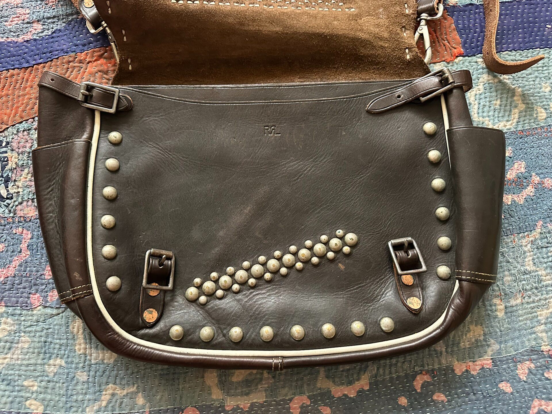 RRL Studded Brown Leather Shoulder Bag — detail
