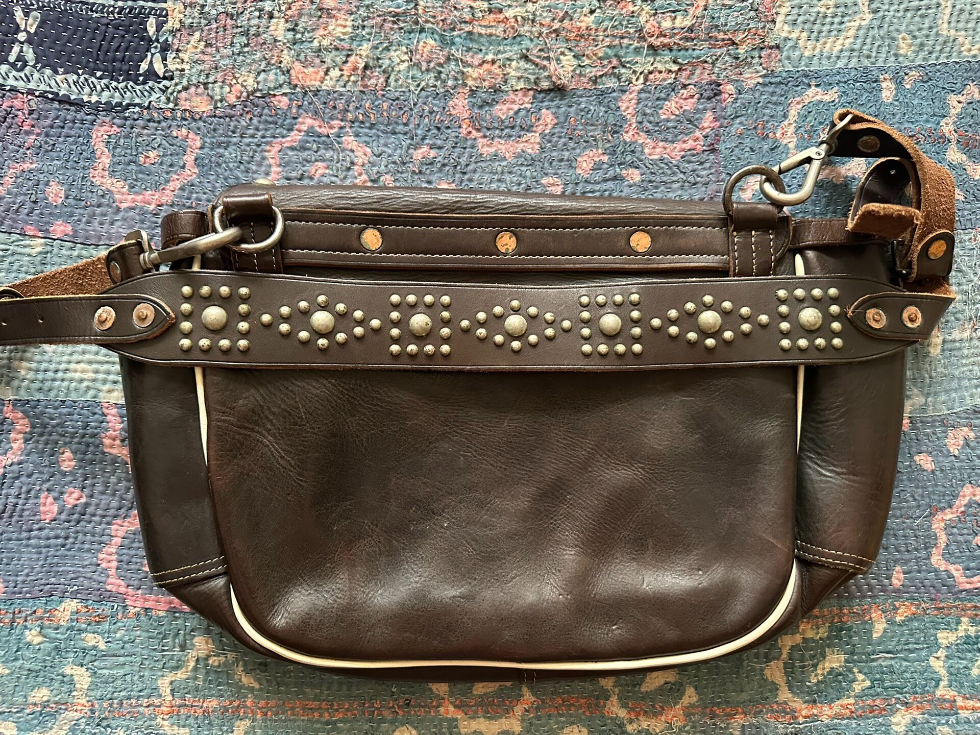 RRL Studded Brown Leather Shoulder Bag — label