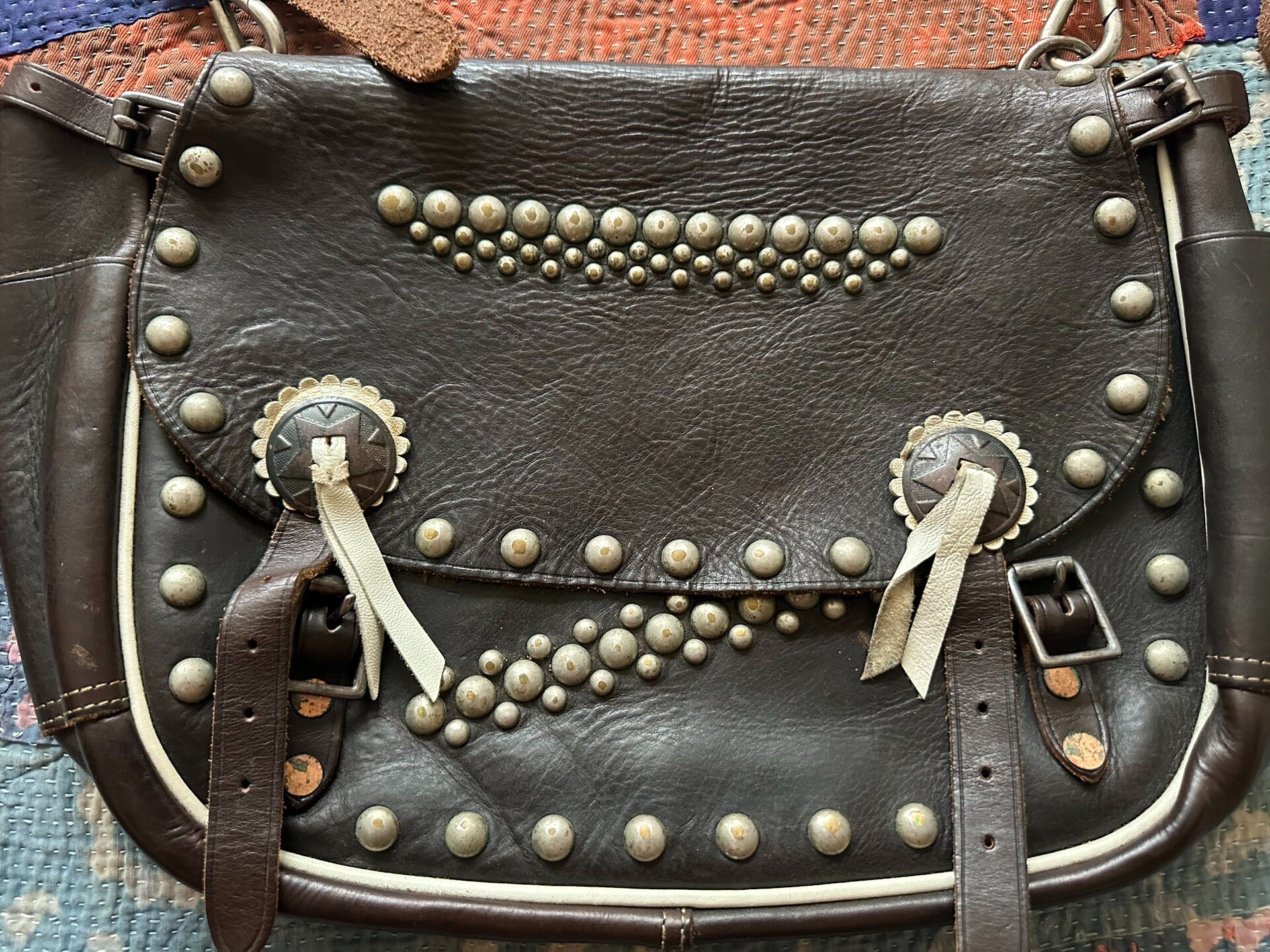 RRL Studded Brown Leather Shoulder Bag — front