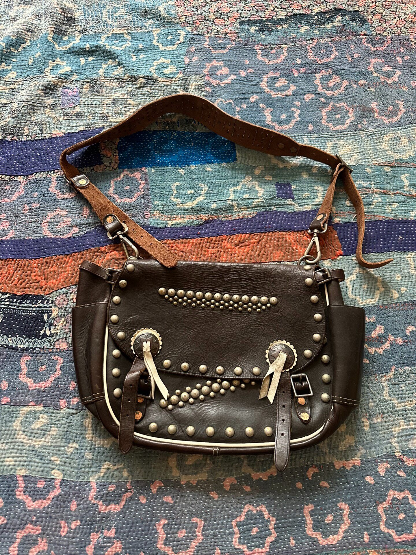 RRL Studded Brown Leather Shoulder Bag