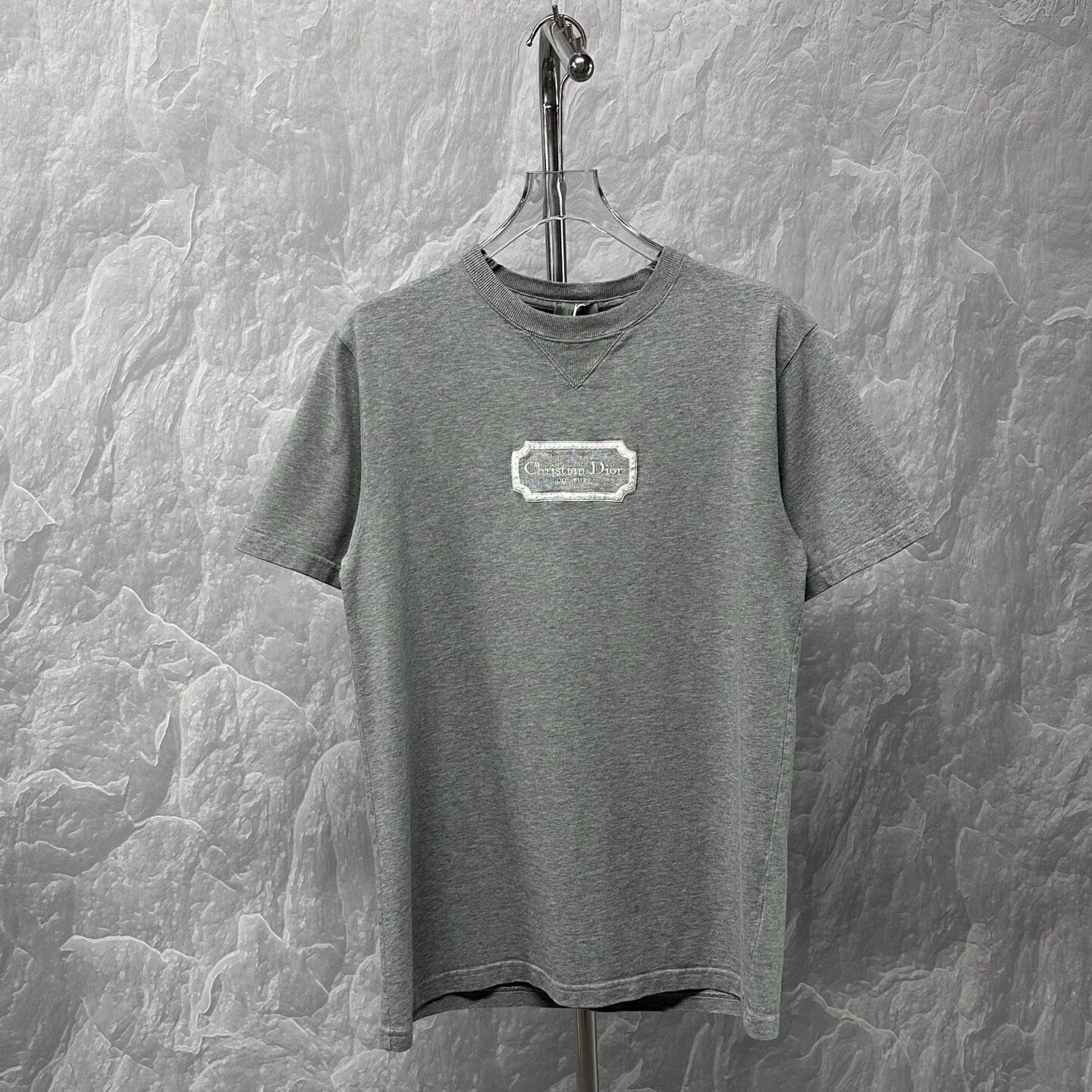 Dior Gray Logo Embroidered Short Sleeve T-Shirt — front
