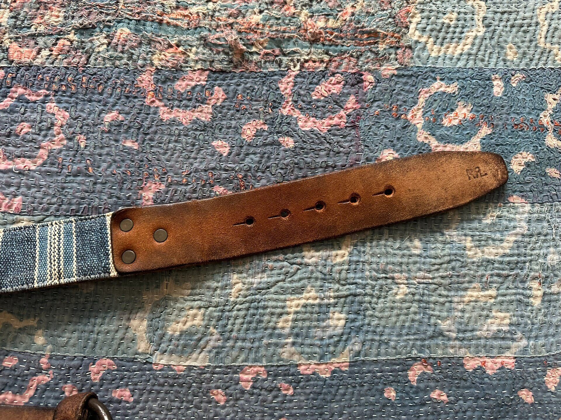 RRL Blue Brown Round Buckle Belt — detail