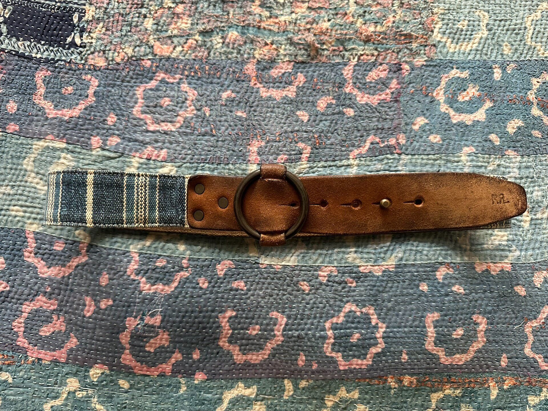 RRL Blue Brown Round Buckle Belt