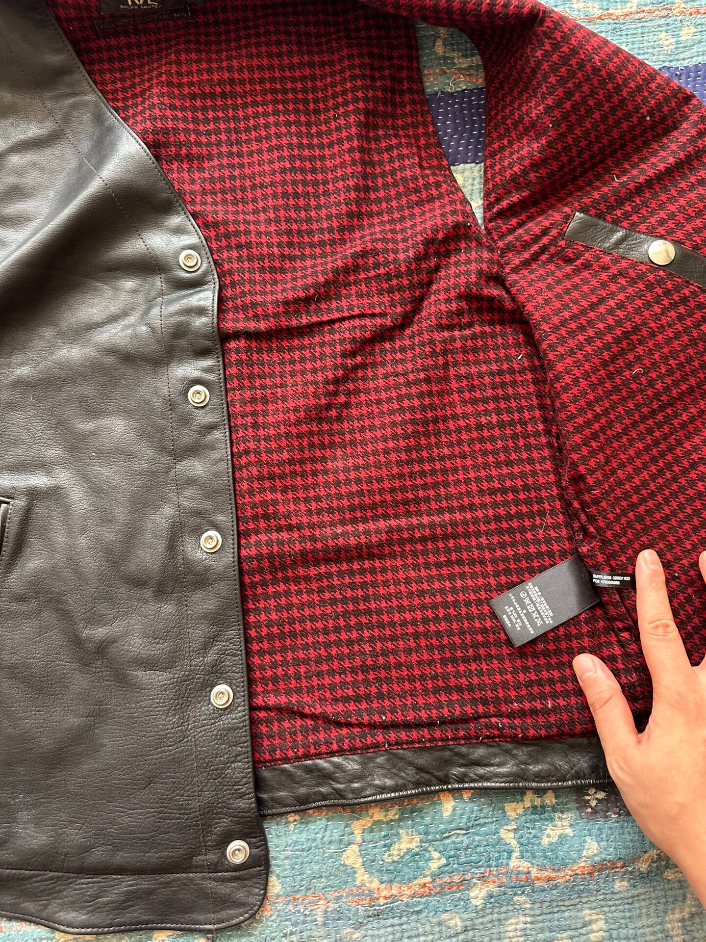 RRL Black Leather Vest With Missing Zipper Pull — detail