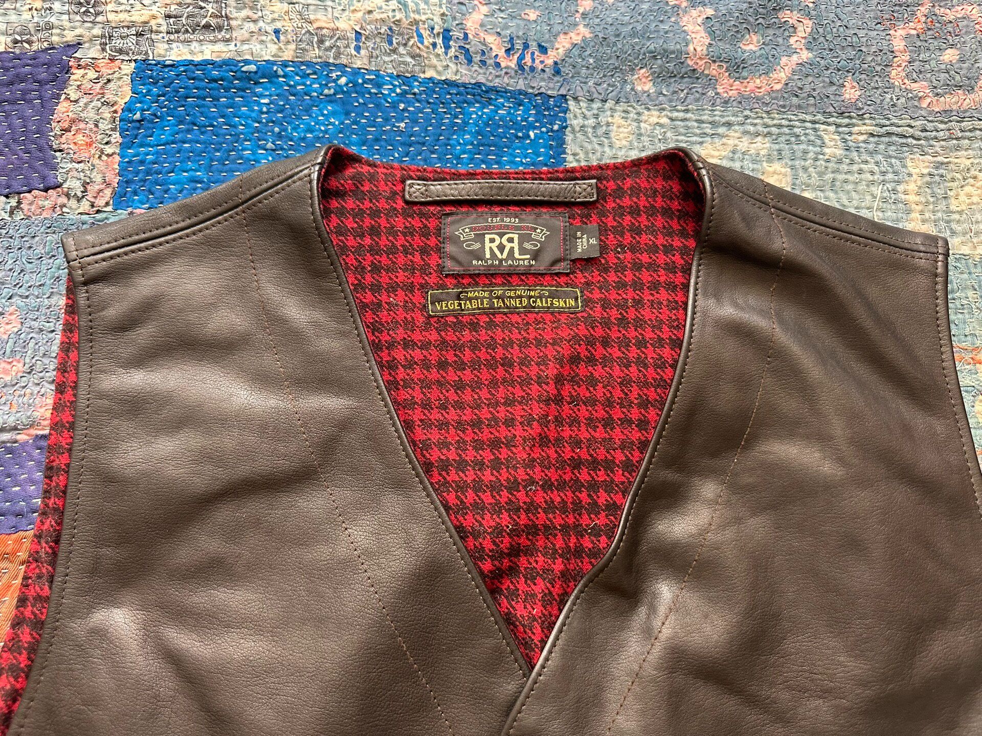 RRL Black Leather Vest With Missing Zipper Pull — label