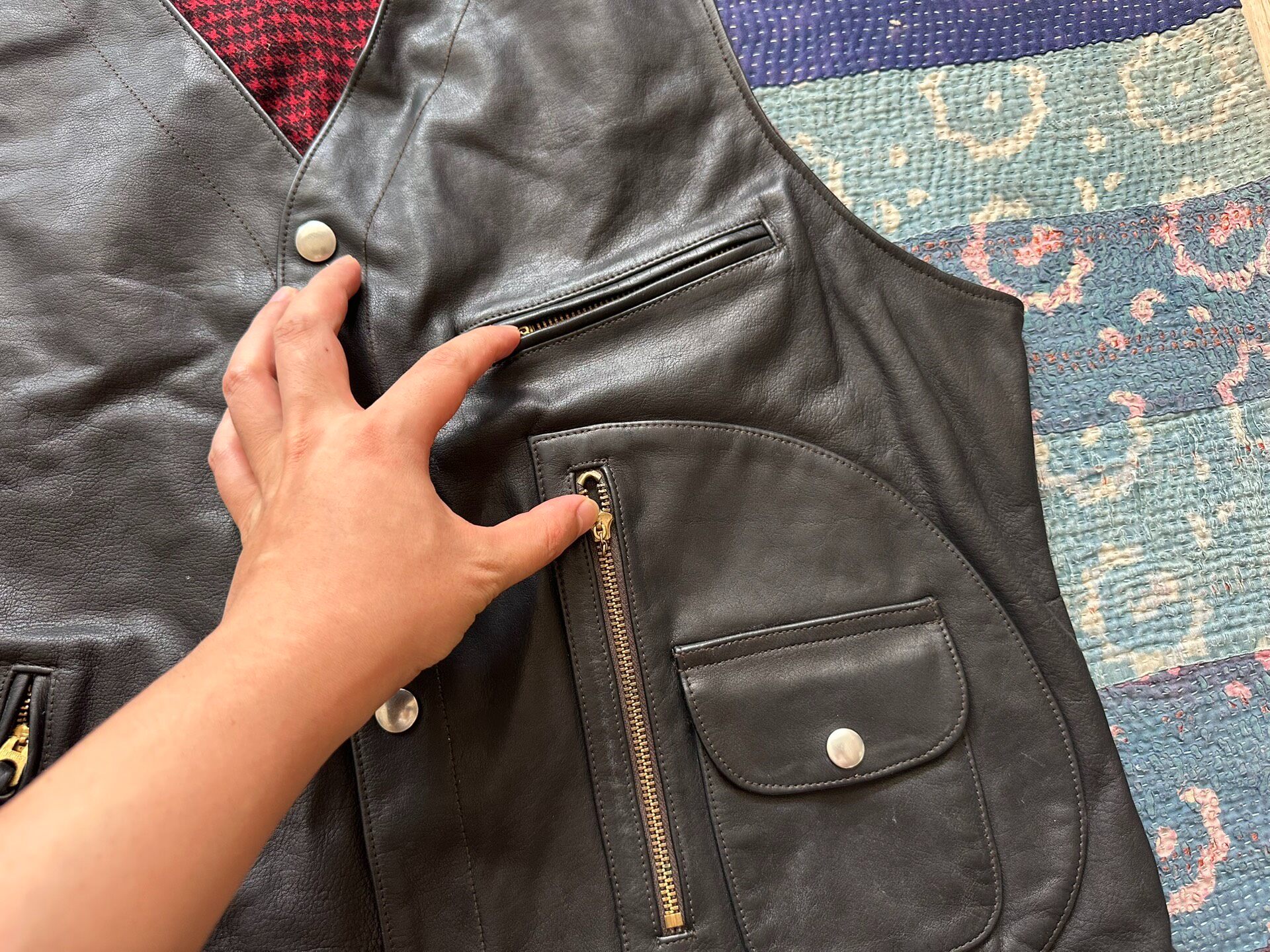 RRL Black Leather Vest With Missing Zipper Pull — back