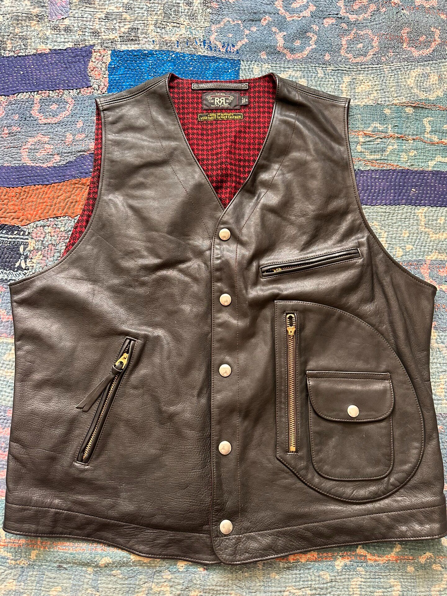 RRL Black Leather Vest With Missing Zipper Pull — front
