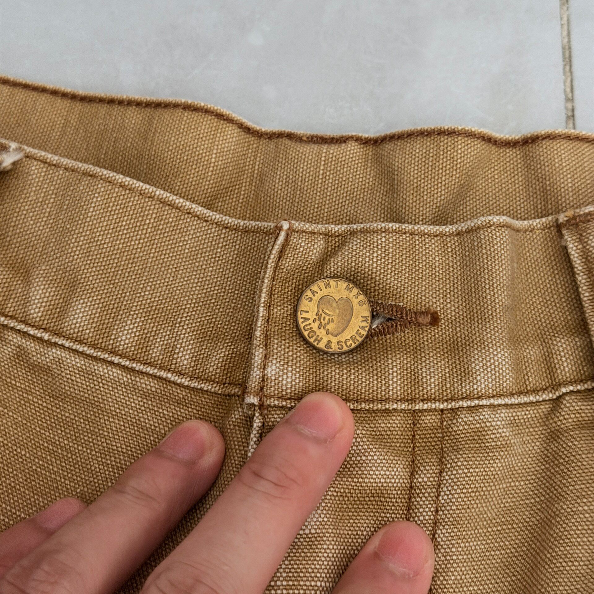Saint Michael SS25 Distressed Denim Work Shorts — detail