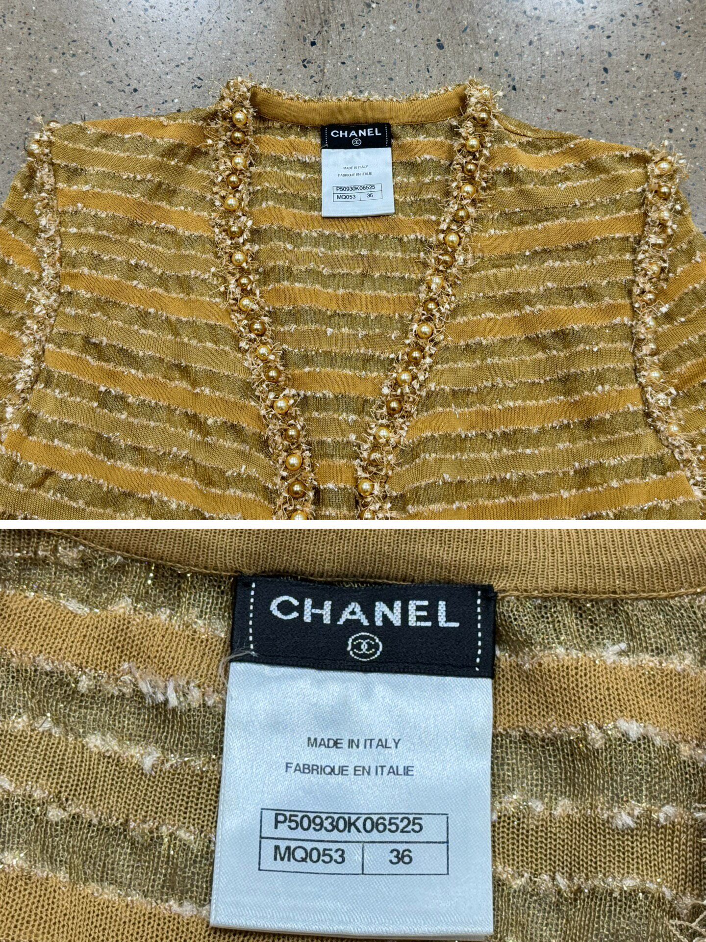 Chanel 2015 Dubai Runway Gold Lace Cardigan — label