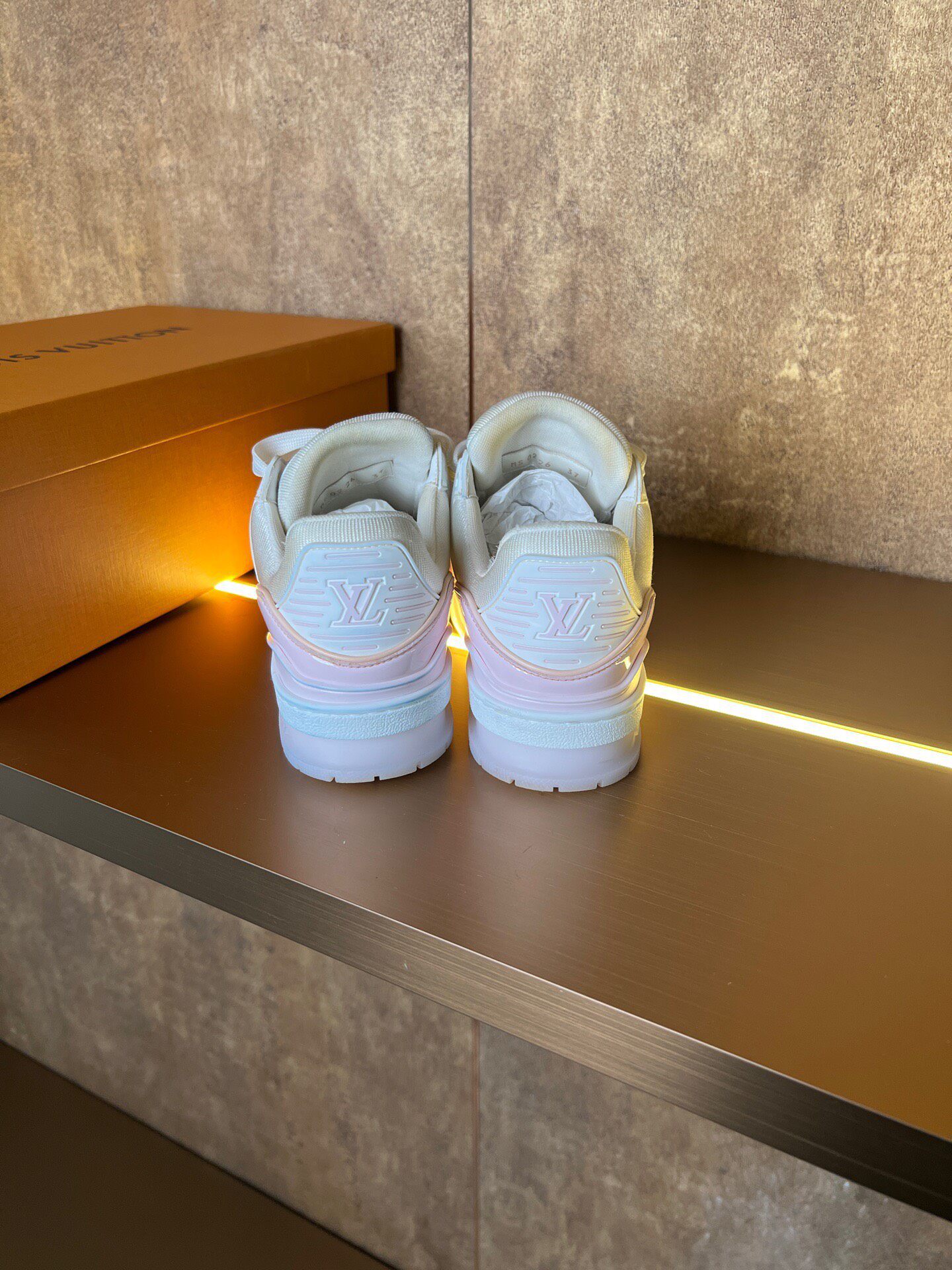 Louis Vuitton Pale Pink Patent Trainer — label