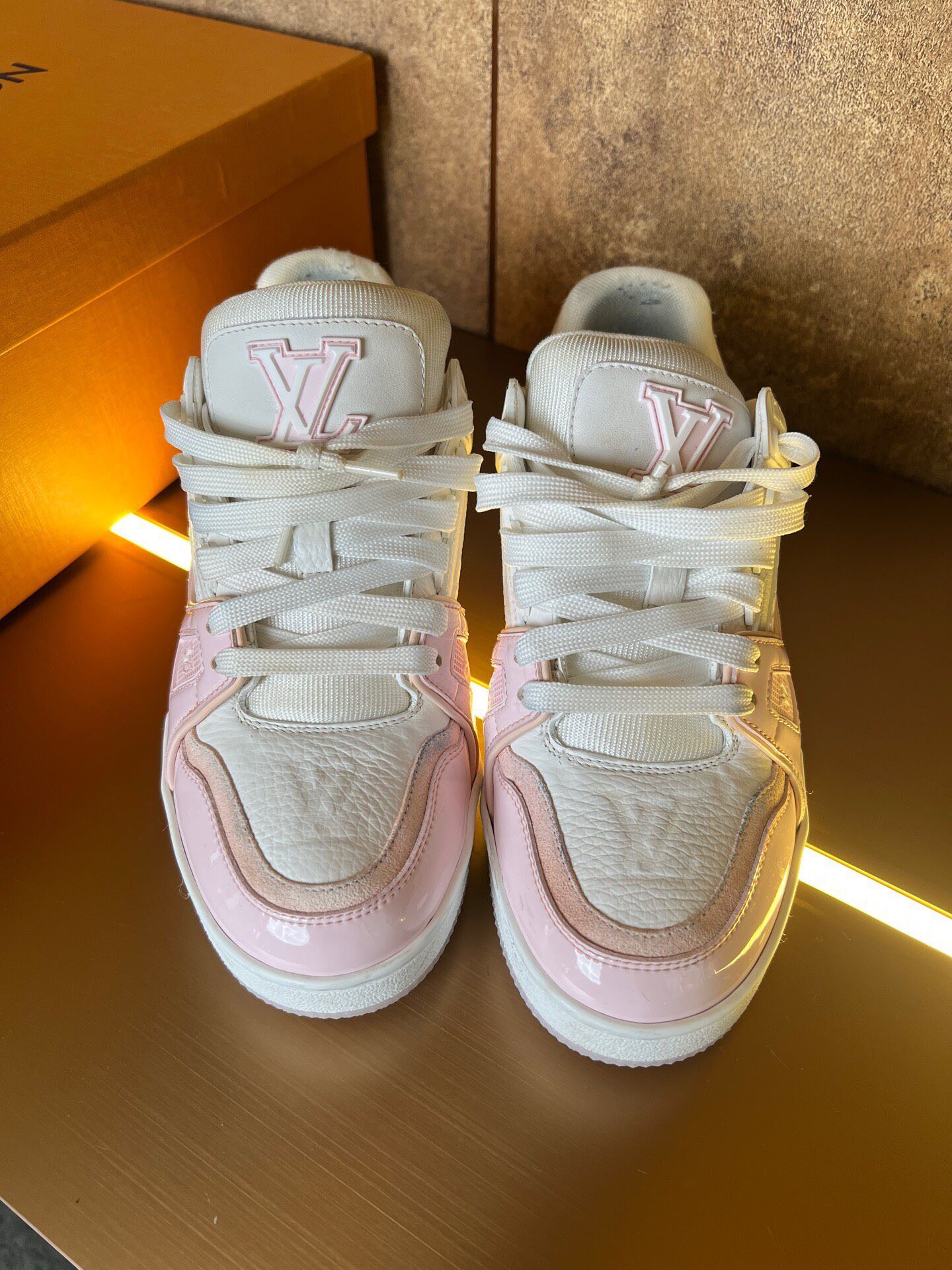 Louis Vuitton Pale Pink Patent Trainer — front