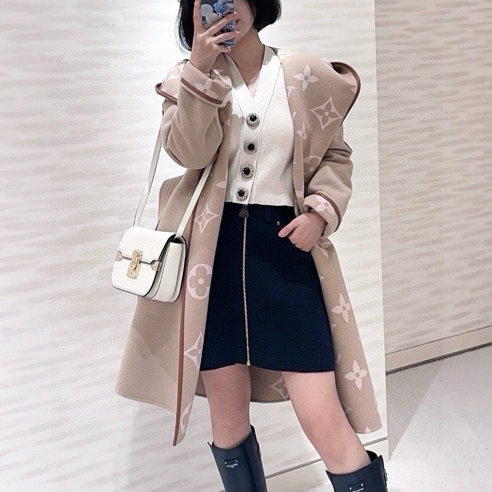 Louis Vuitton Beige Hooded Mid-length Coat — front