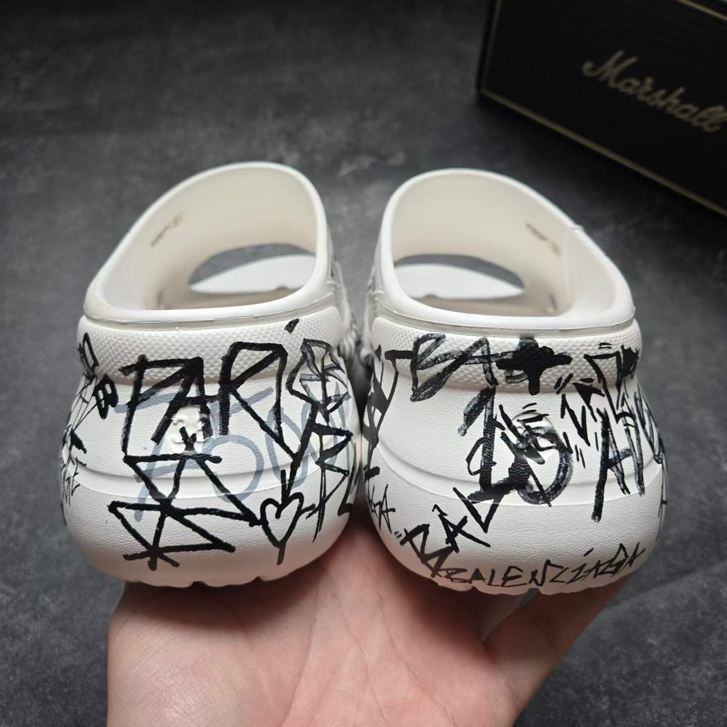 Balenciaga Black White Graffiti Platform Slides — detail