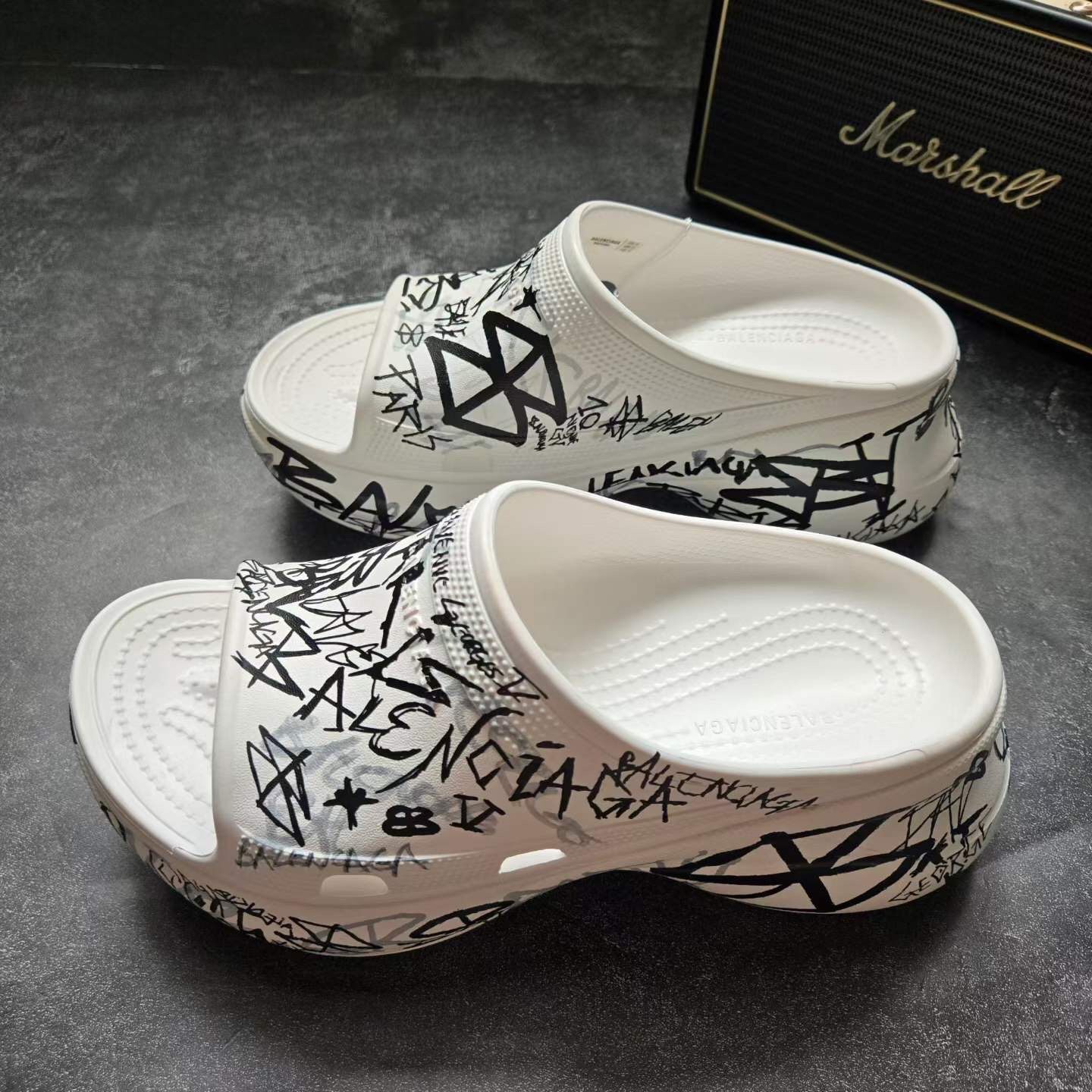 Balenciaga Black White Graffiti Platform Slides