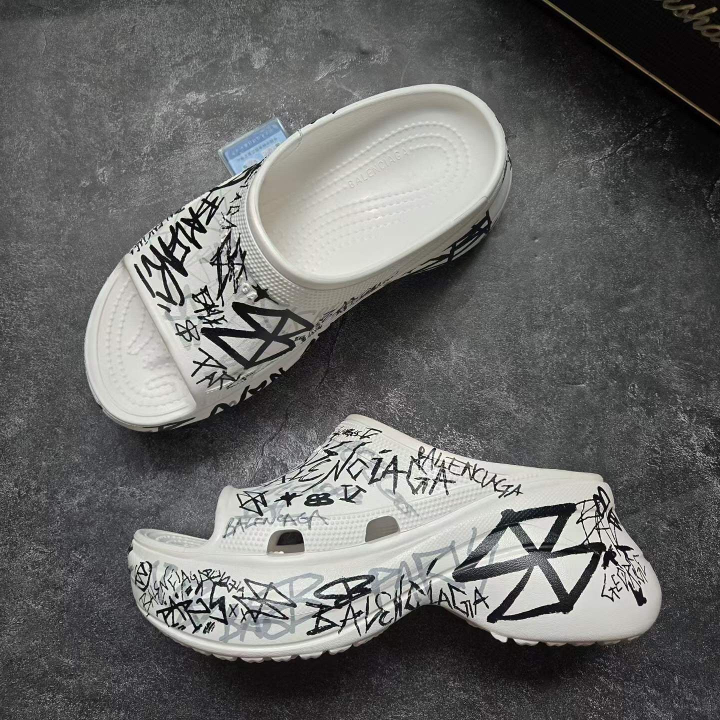 Balenciaga Black White Graffiti Platform Slides — back