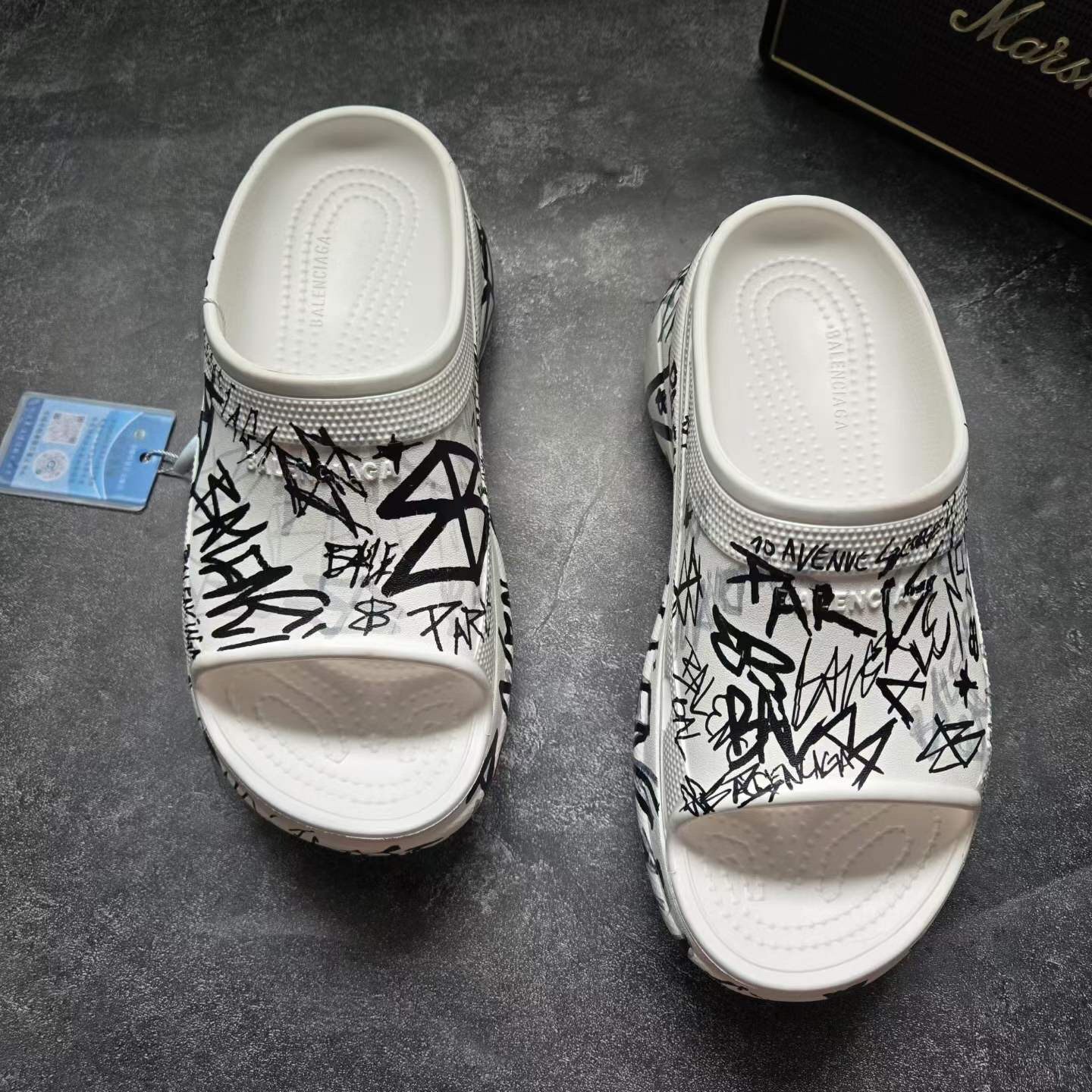 Balenciaga Black White Graffiti Platform Slides — front
