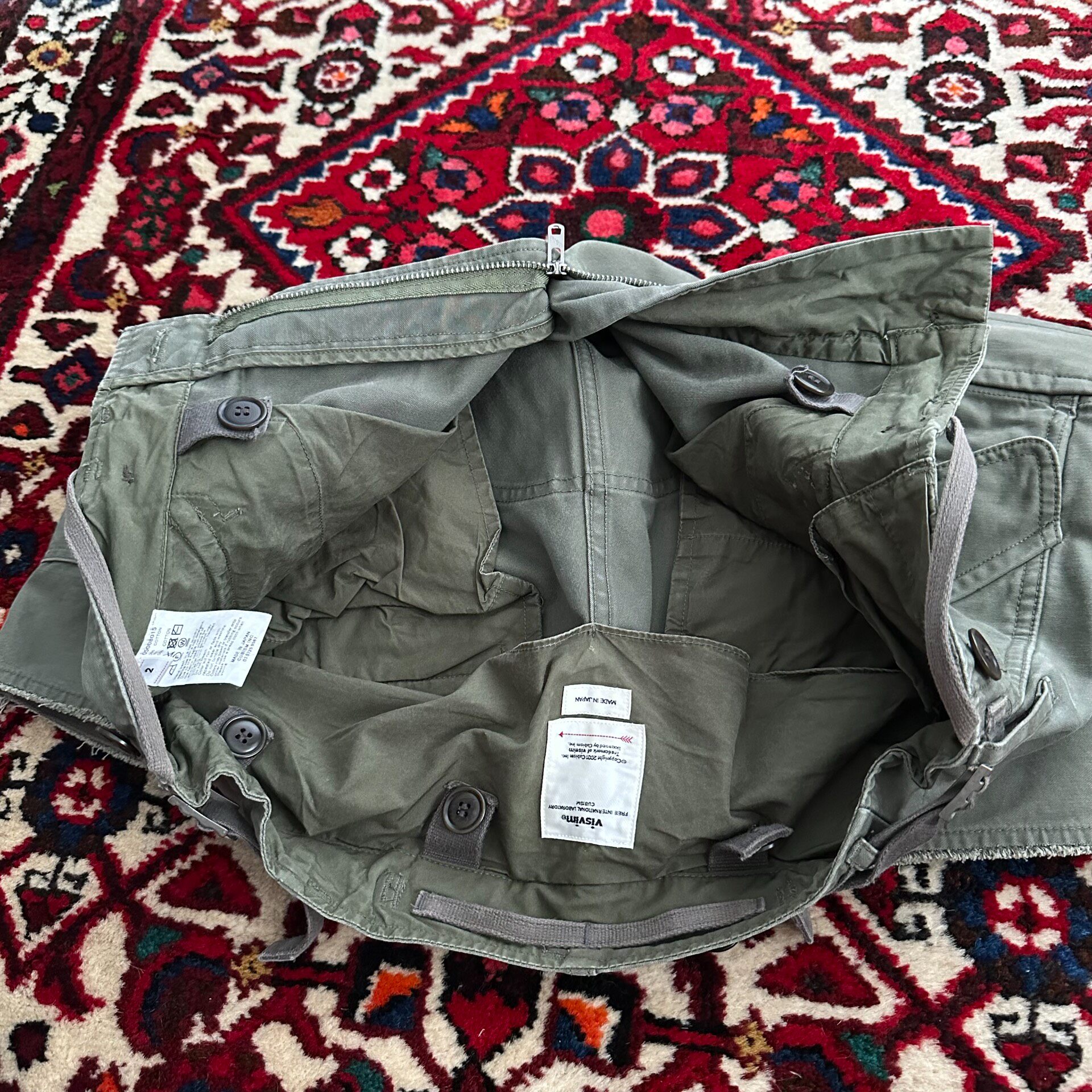 Visvim Eiger Olive Cargo Shorts — label