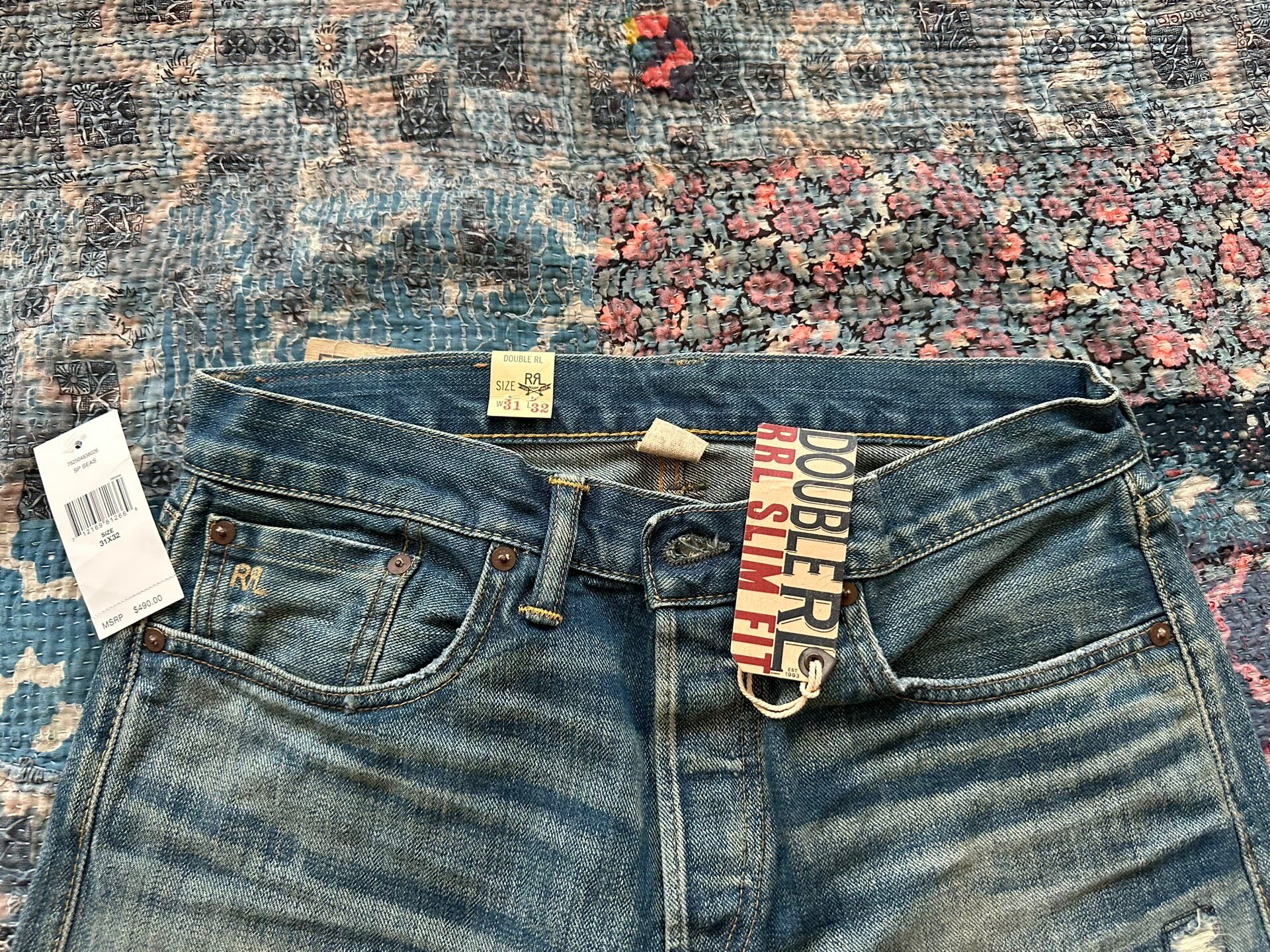 RRL Slim Fit Distressed Jeans — detail