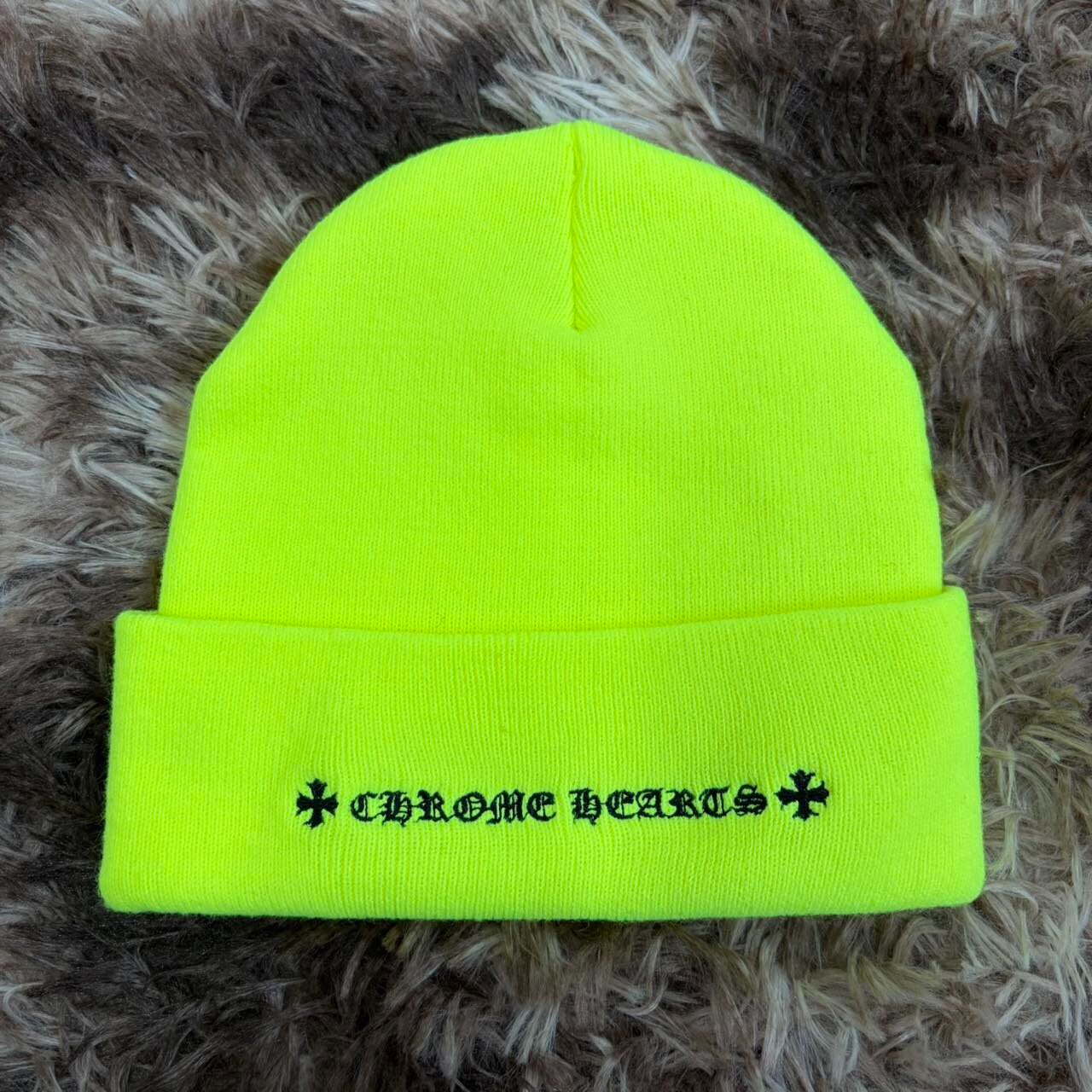 Chrome Hearts Neon Yellow Cross Beanie — front