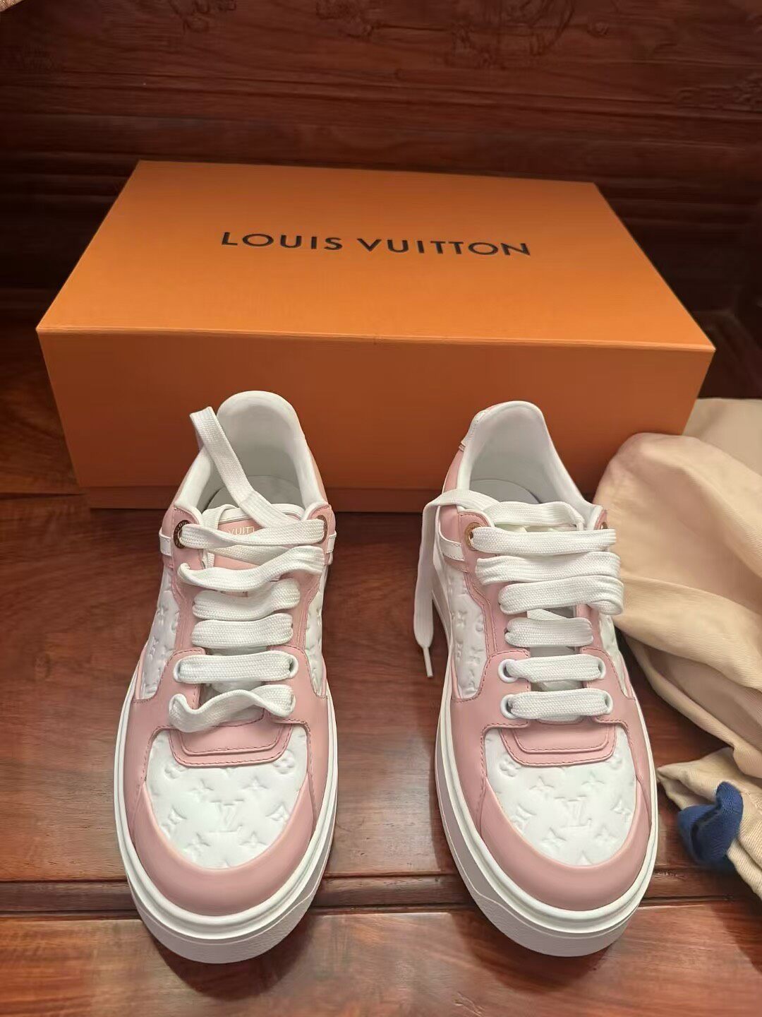 Louis Vuitton LV Time Out Pink White Sneakers — front