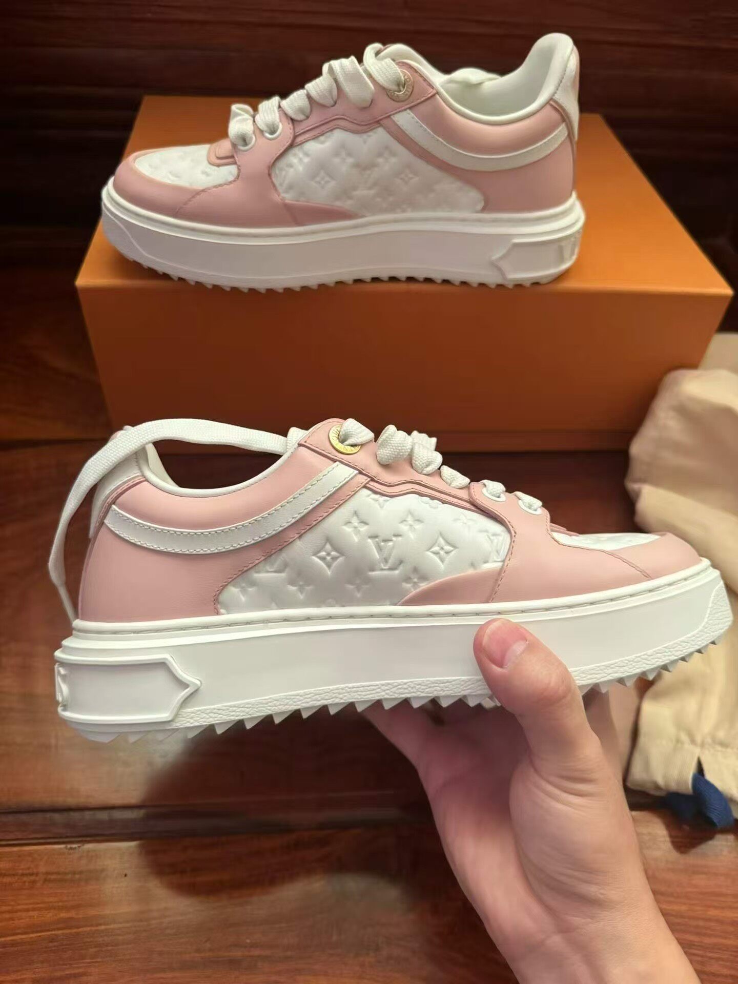 Louis Vuitton LV Time Out Pink White Sneakers — label
