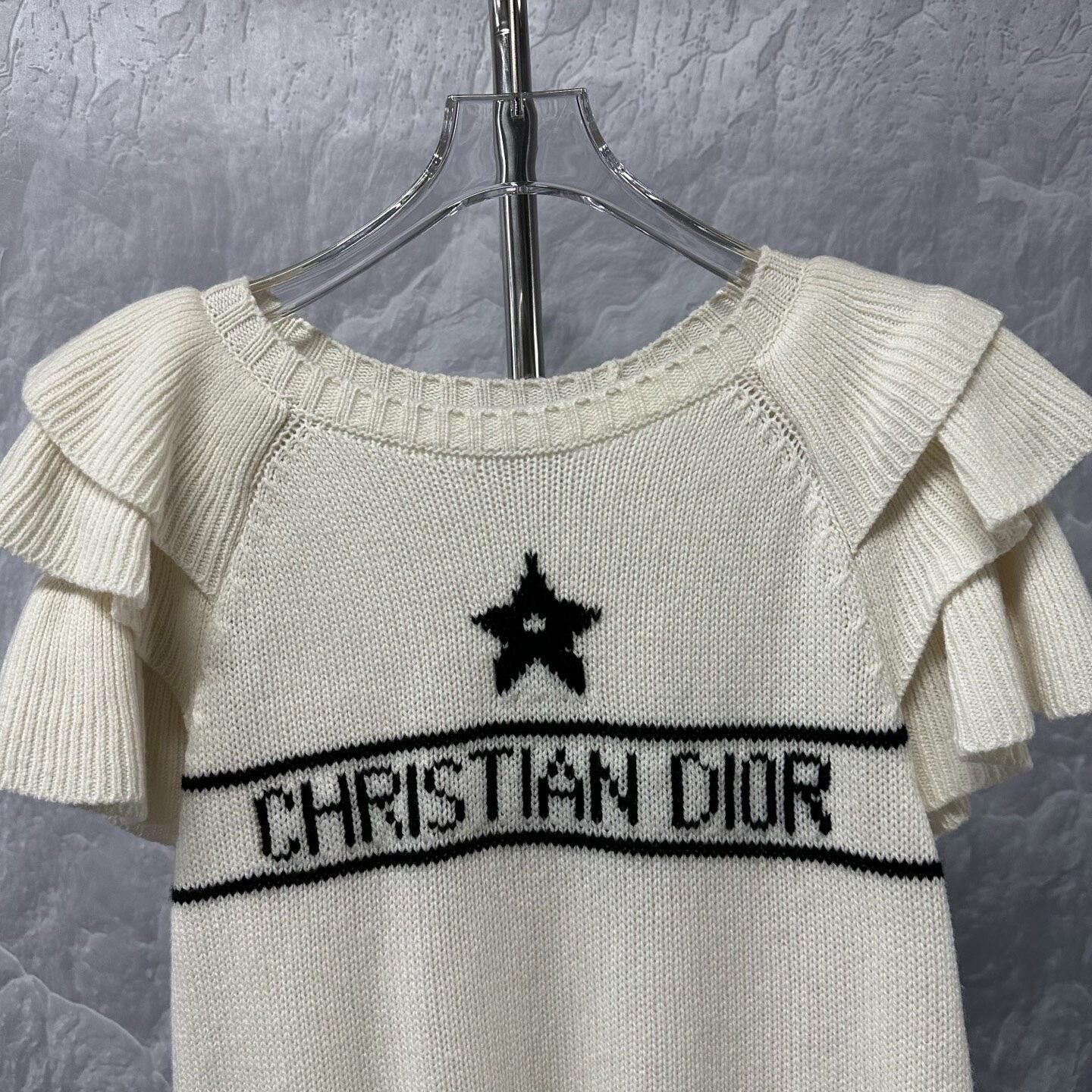 Dior White Ruffled Knit Short Sleeve Top — detail
