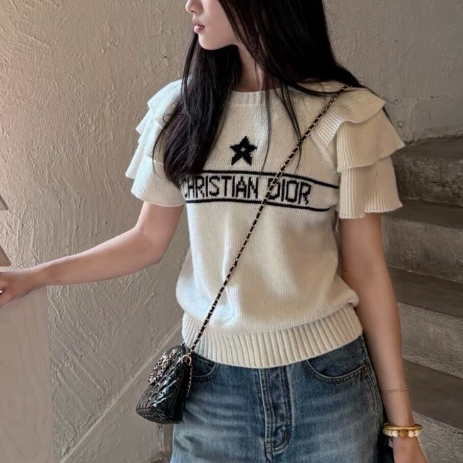 Dior White Ruffled Knit Short Sleeve Top