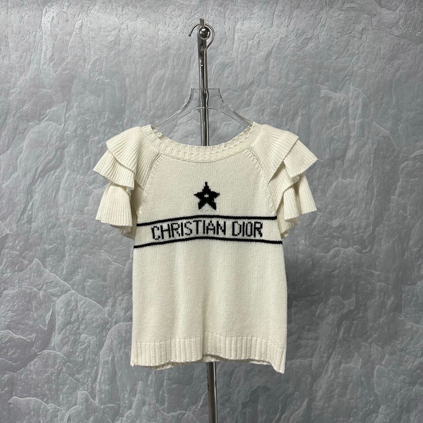 Dior White Ruffled Knit Short Sleeve Top — front