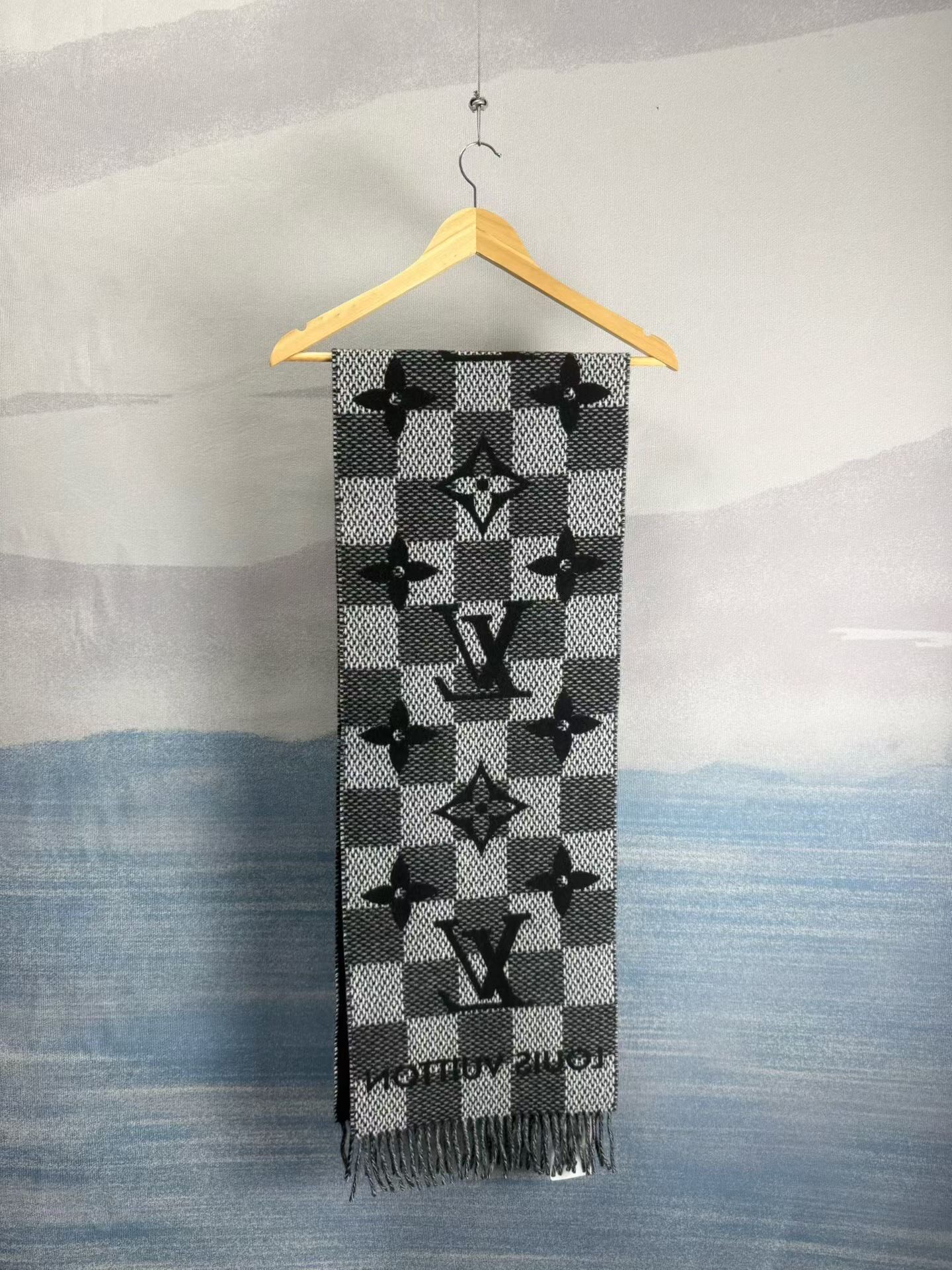 Louis Vuitton Black Gray Monogram Cashmere Scarf — front