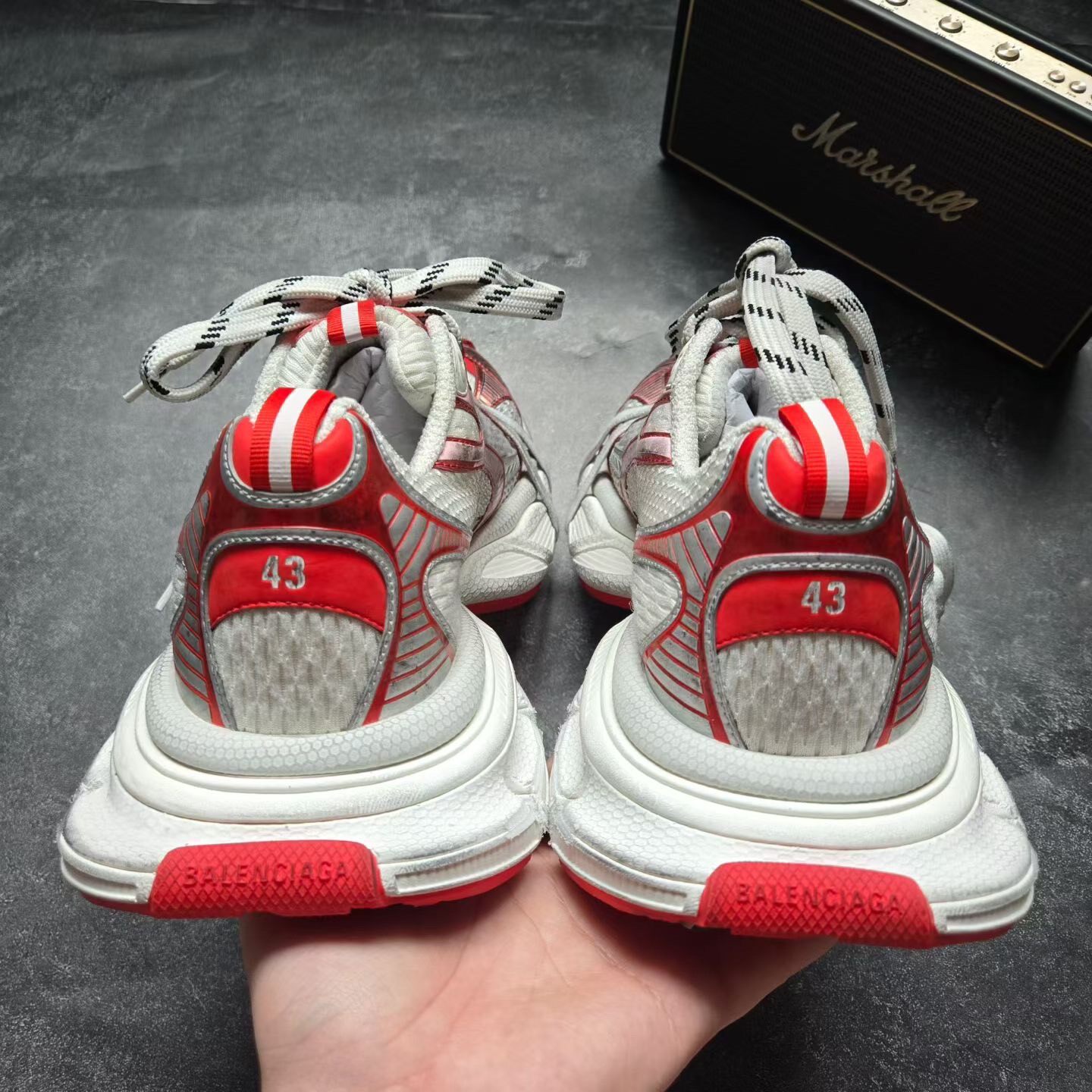 Balenciaga 3XL White Red Distressed Sneakers — detail