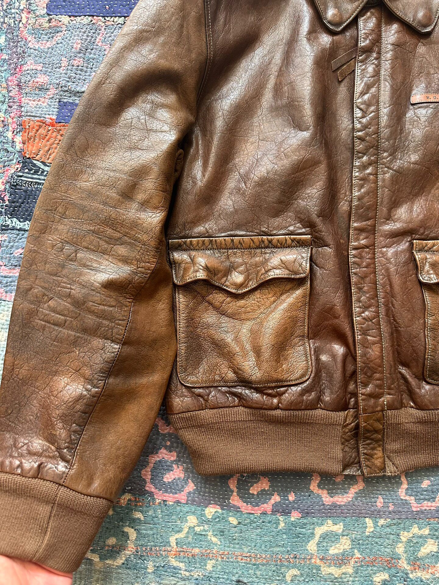 RRL Distressed A2 Leather Jacket — label