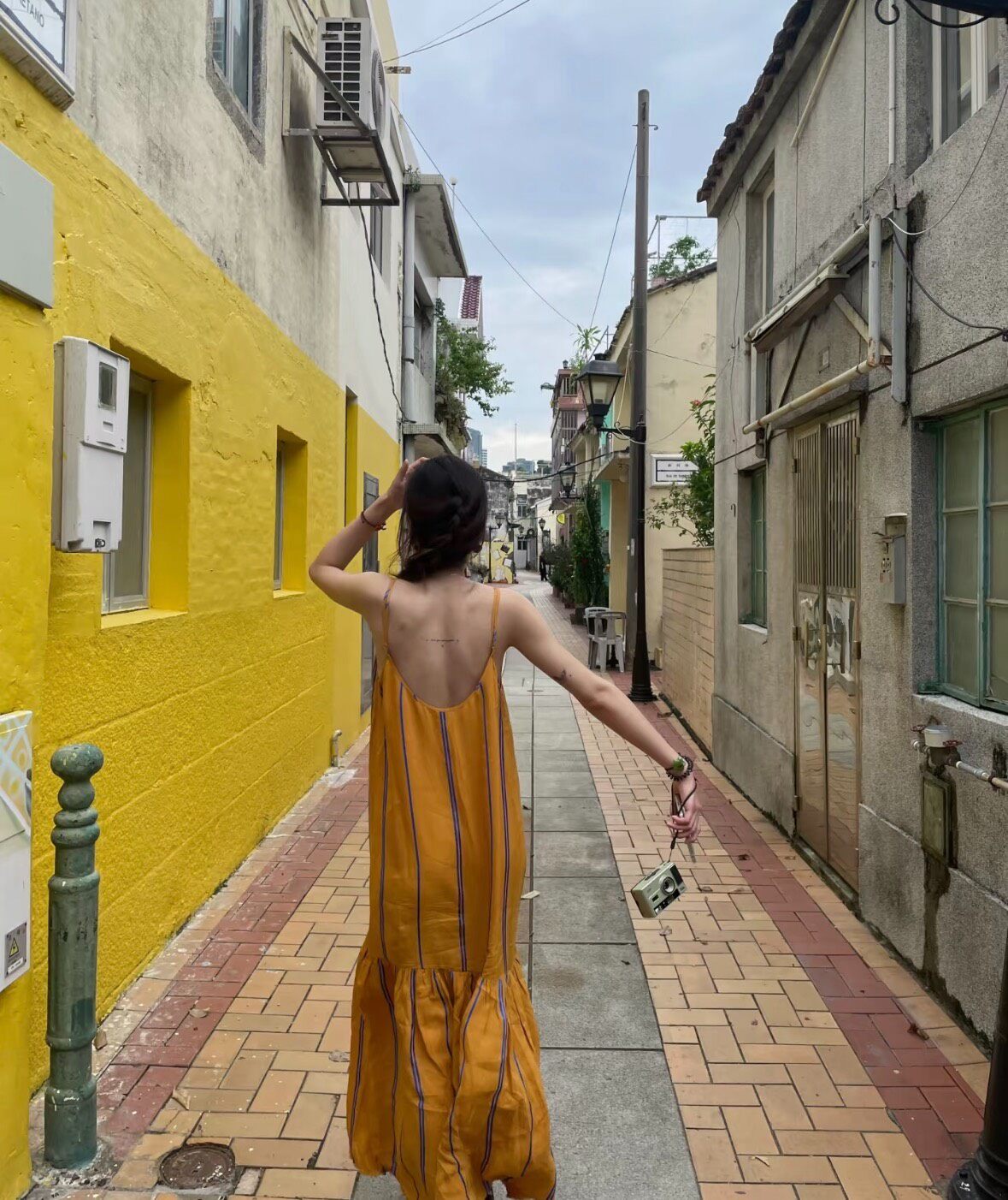 UMA WANG LabelHood Mustard Striped Slip Dress — front