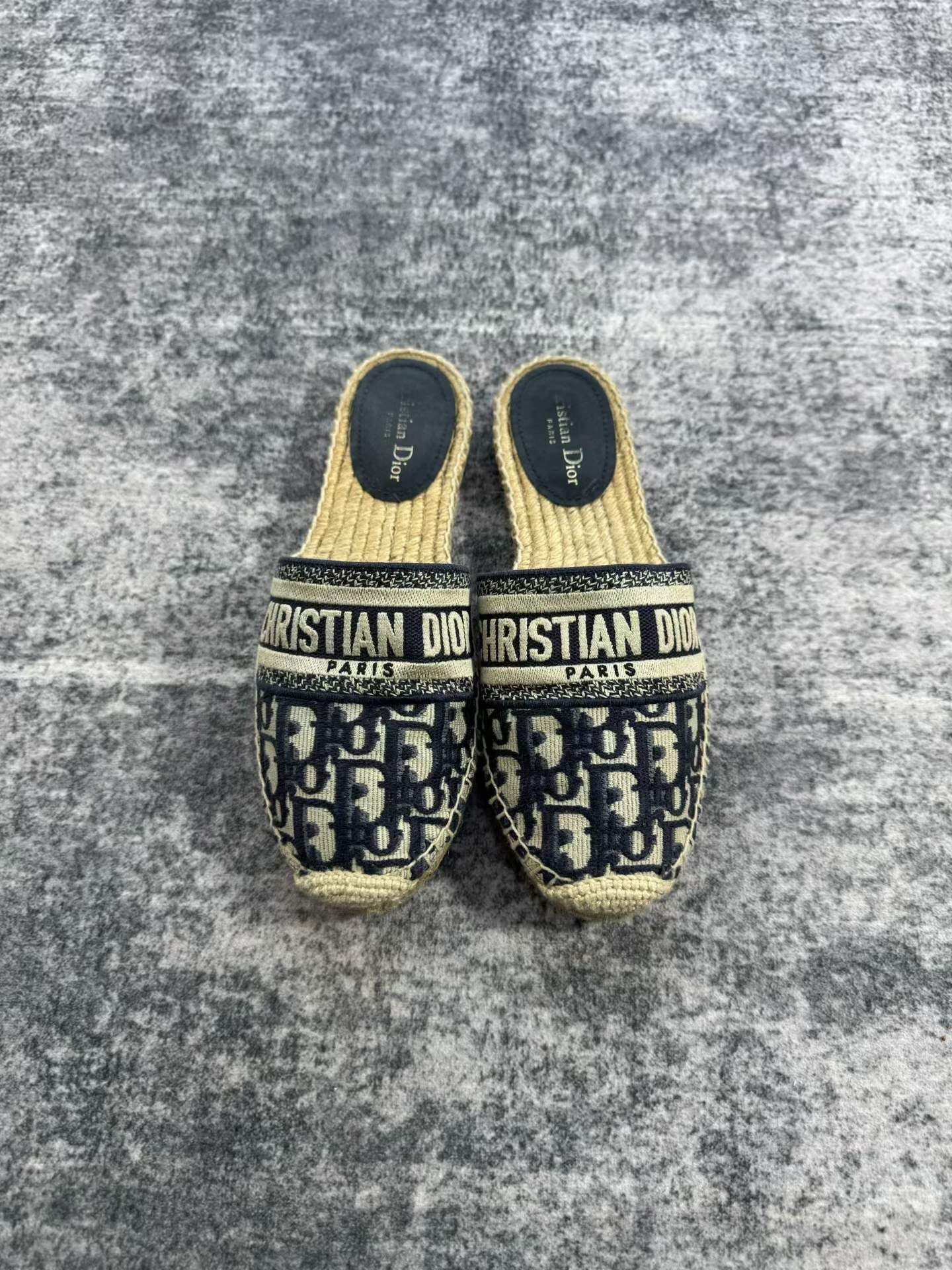 Dior Navy Straw Espadrille Half-slip Shoes