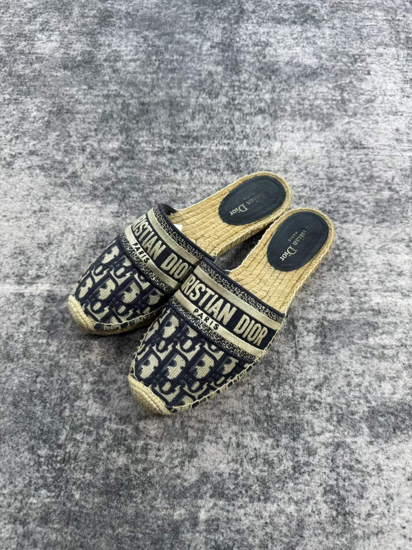 Dior Navy Straw Espadrille Half-slip Shoes — front