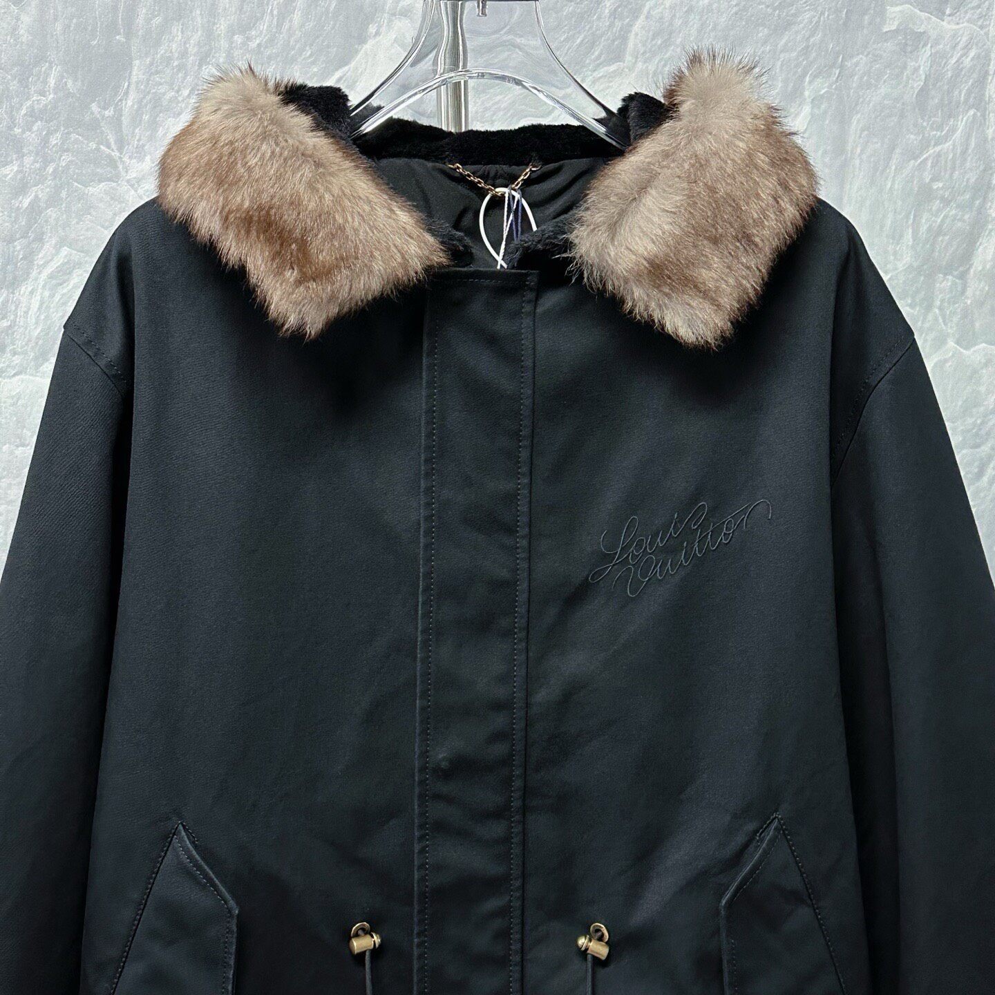 Louis Vuitton SS25 Fur Trim Hooded Coat — front