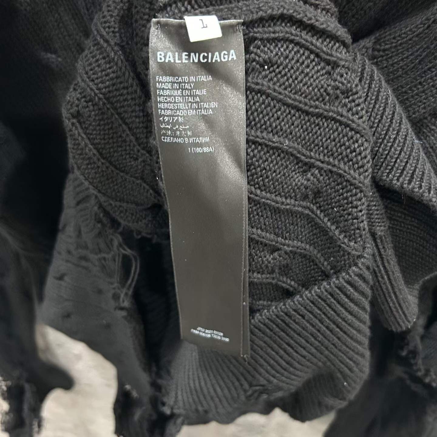 Balenciaga Embroidered Distressed Knit Sweater — label