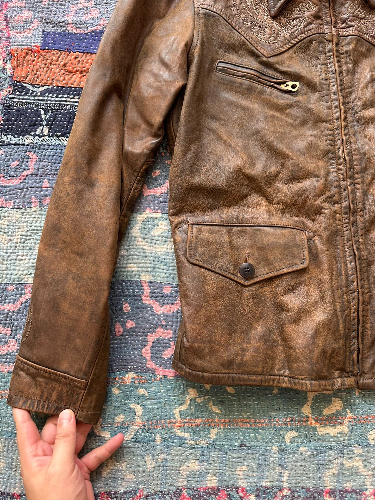 RRL Embroidered Western Leather Jacket — detail